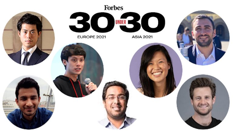 Collage image of 7 people with the Forbes 30 under 30 logo