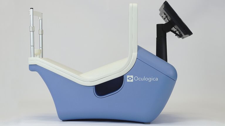 A blue medical device on a table