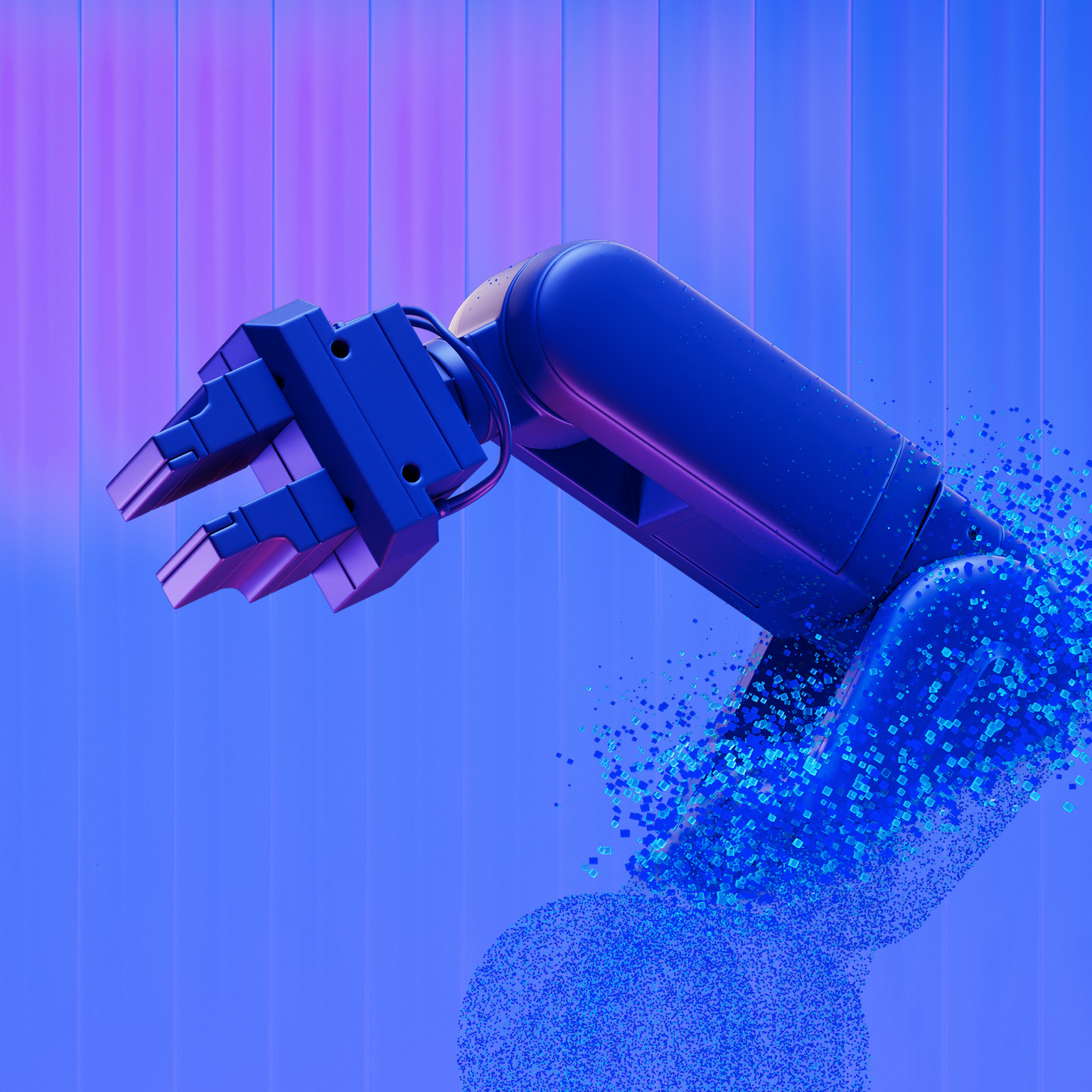 Robotic arm dissolving into particles on blue background.