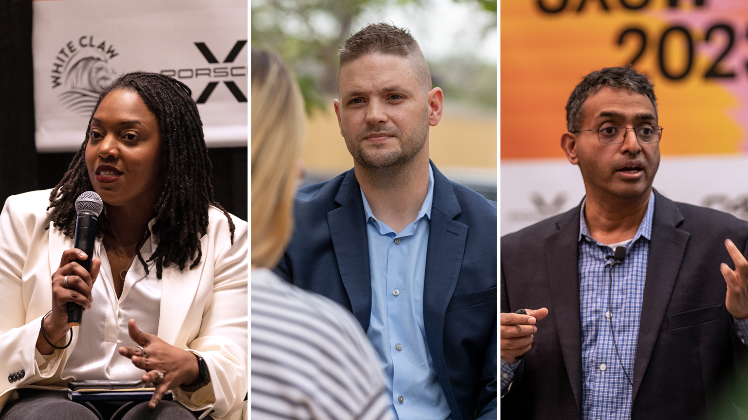From left, Monne Williams, a McKinsey partner, spoke about reducing workplace burnout; Joshua Bregler, a McKinsey cyber security expert, moderated a panel on digitizing armed services; and Nick Santhanam, a McKinsey alum and CEO of Fernweh Group, profiled the industrial tech industry