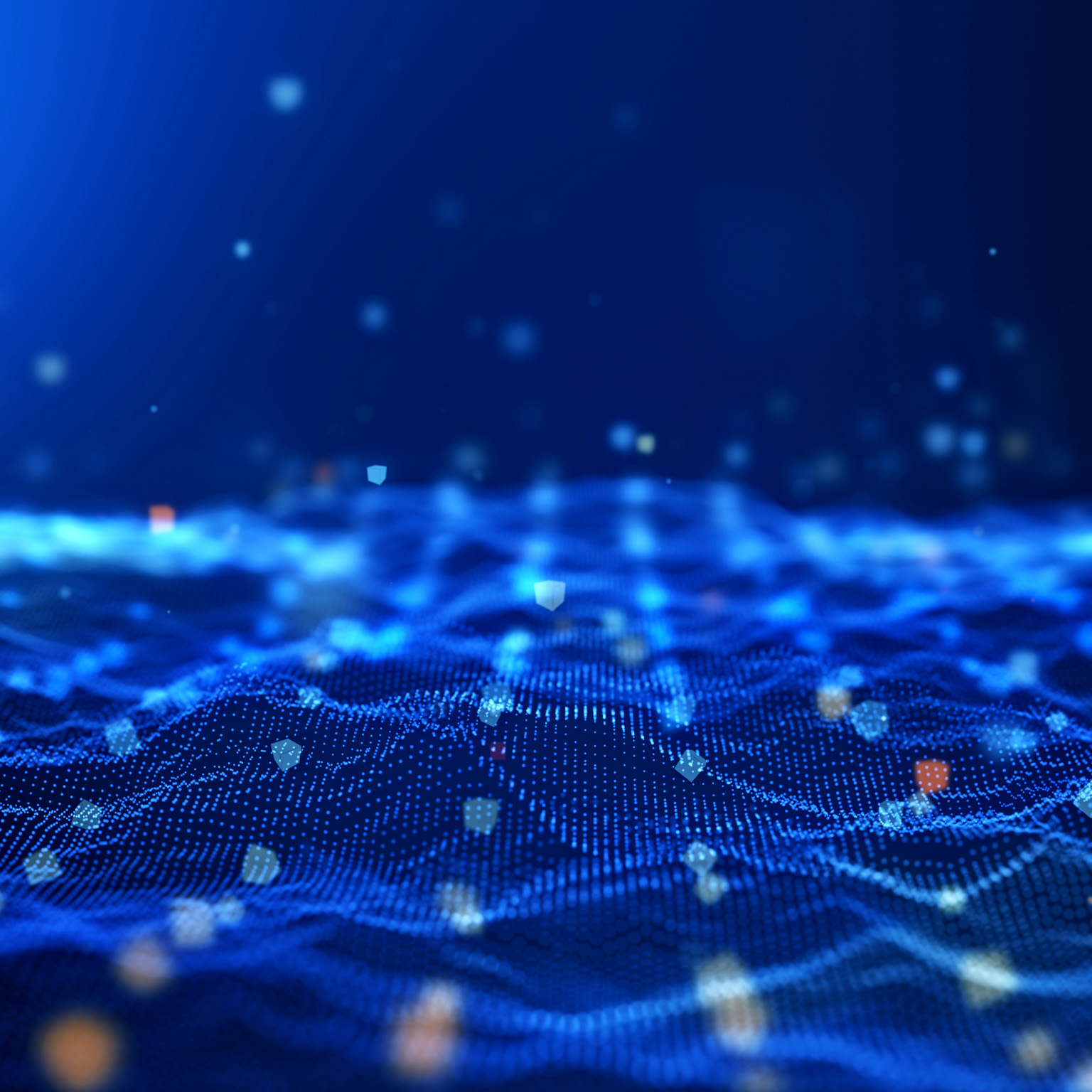 An abstract digital landscape made of glowing blue dots and flowing grid-like waves, resembling a data-driven ocean or network. Small floating geometric shapes and light particles hover above the surface, creating a futuristic, high-tech atmosphere.