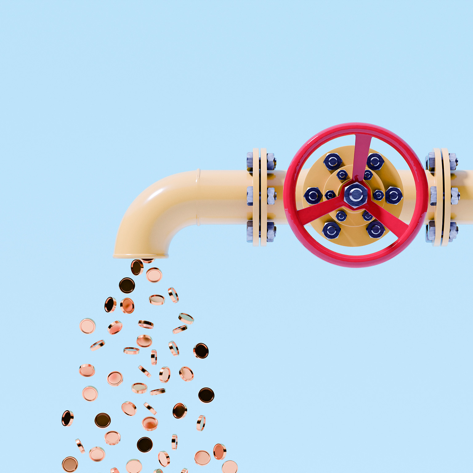 Conceptual image of coins coming out of a pipe with a big valve on it.