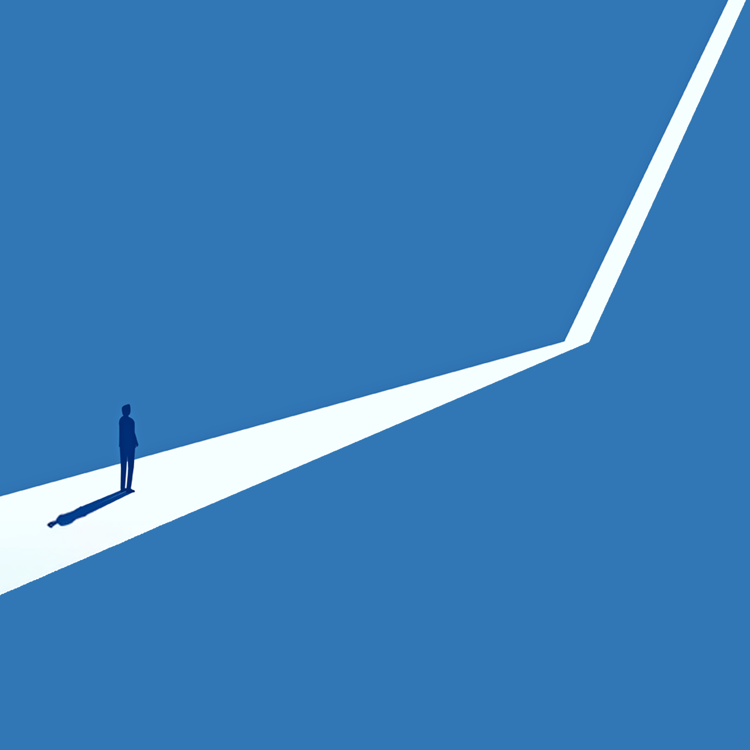 Silhouette of a person standing at the start of a branching path against a blue background.