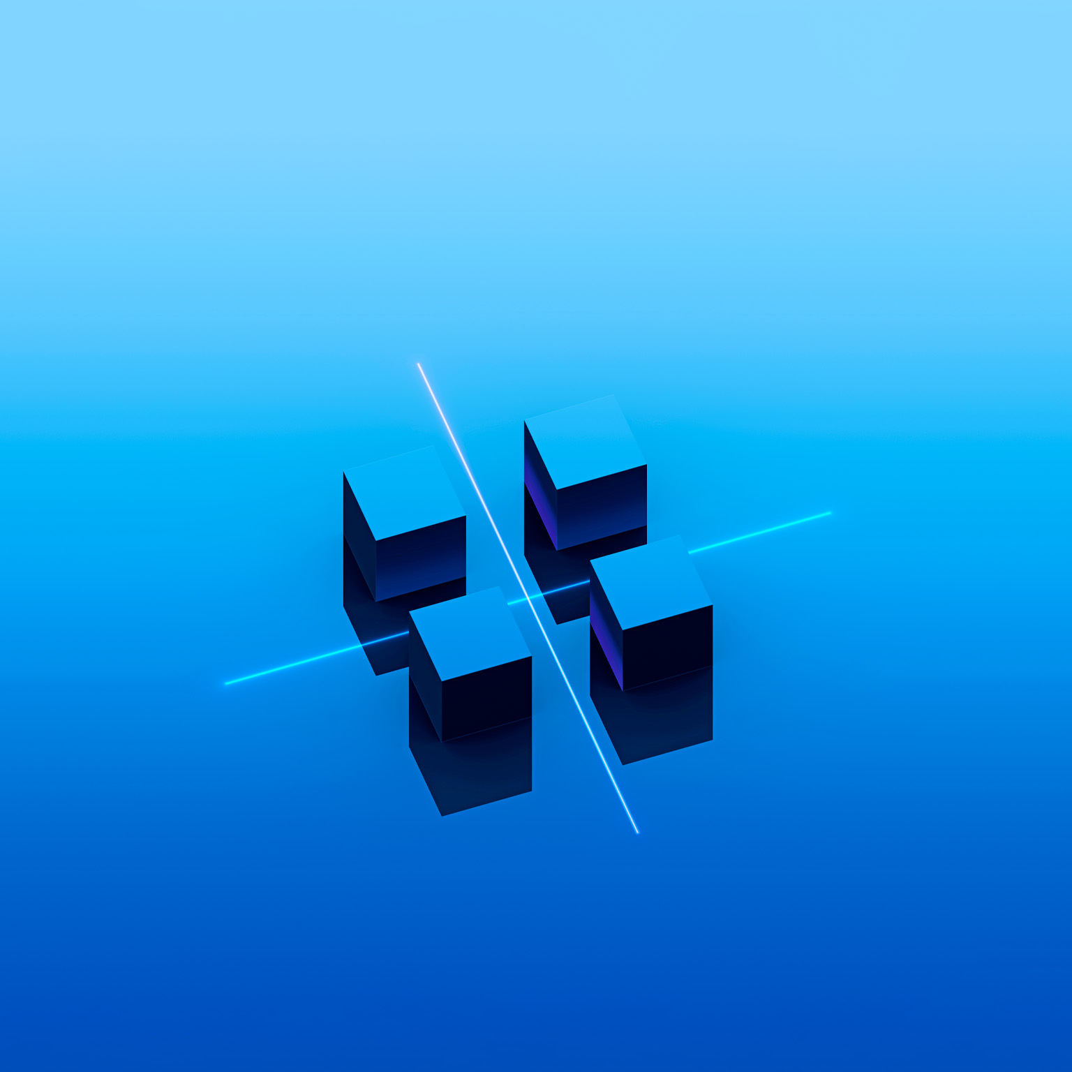 Four blue geometric blocks arranged in a grid-like formation on a smooth blue background. Thin glowing lines intersect between them, suggesting separation, restructuring, or a strategic division of elements.