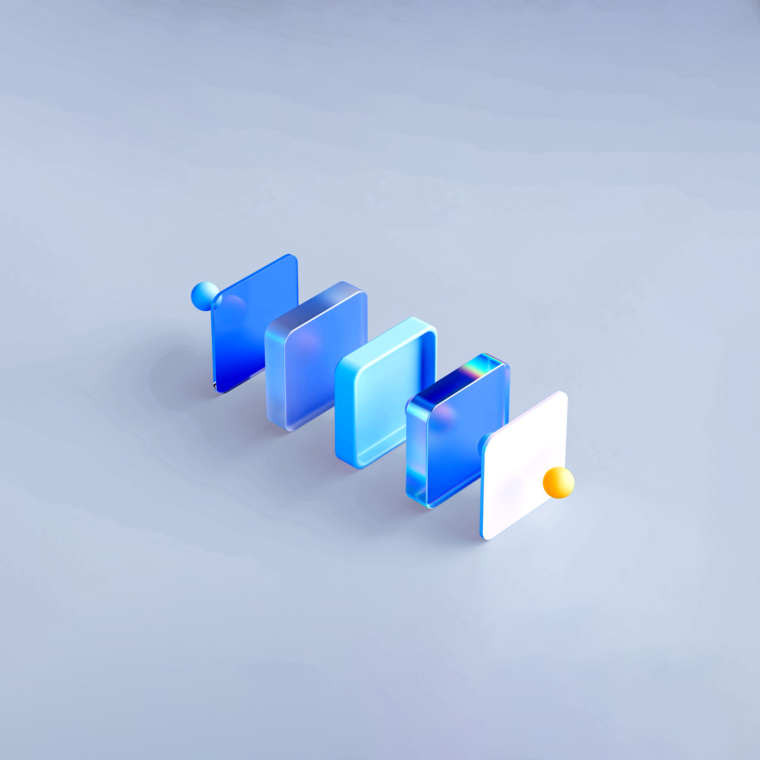 Five 3d squares of varying shades of blue and white are arranged in a diagonal line against a light blue background. Each blue square is progressively more opaque and features a subtle iridescent sheen, while small blue and yellow spheres accent the first and last squares respectively.
