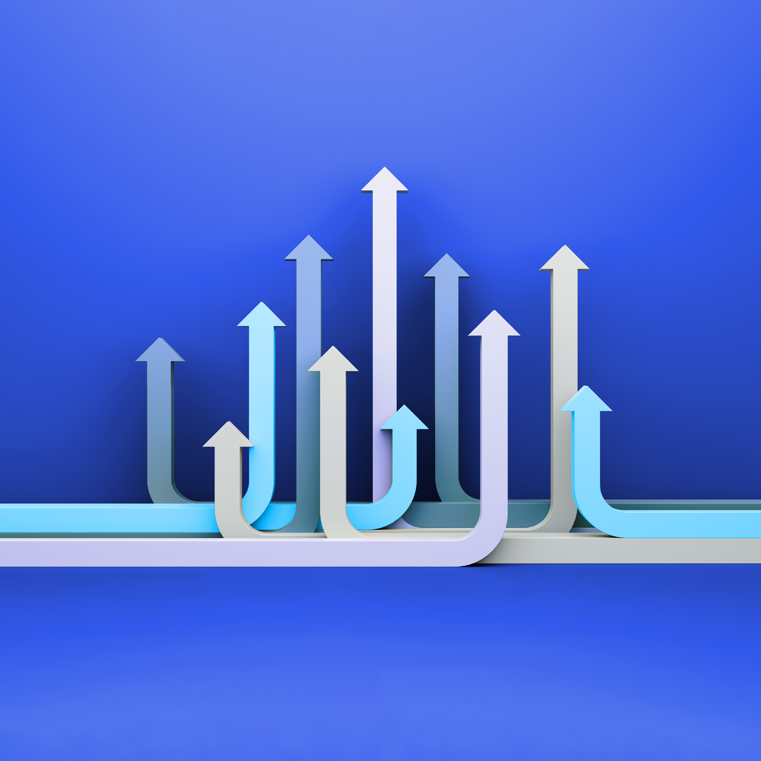 A series of stylized arrows in varying heights and shades of blue and gray, all curving upward against a solid blue background. The composition suggests growth, progress, or increasing momentum in a clean, abstract, and modern visual style.