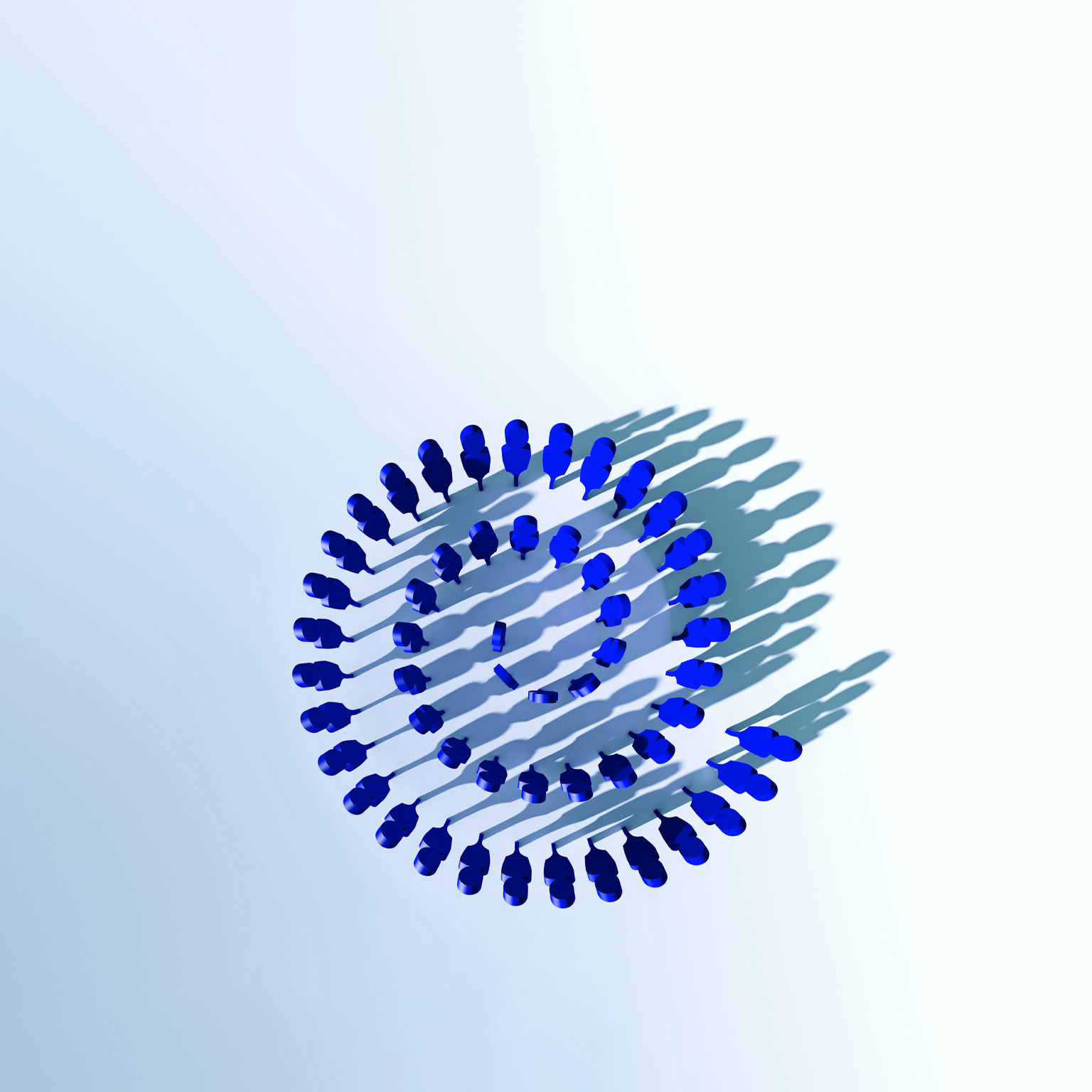 A group of small, blue, human-shaped figures arranged in a circle on a light blue background.