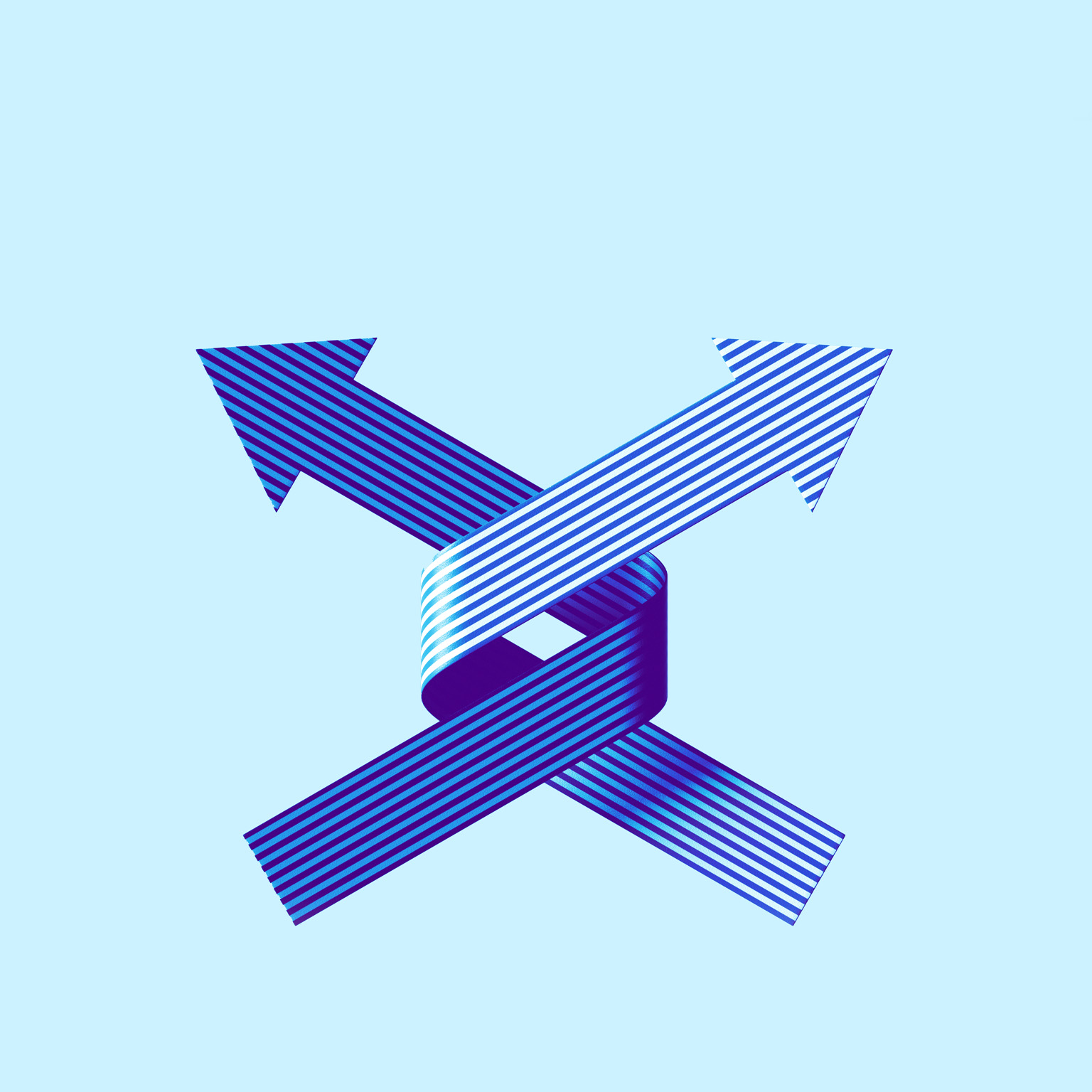 Two striped, ribbon-like arrows that intersect and loop around each other, creating a dynamic, intertwined shape. Set against a light blue background, the bold blue gradients give the design a sense of depth and movement.