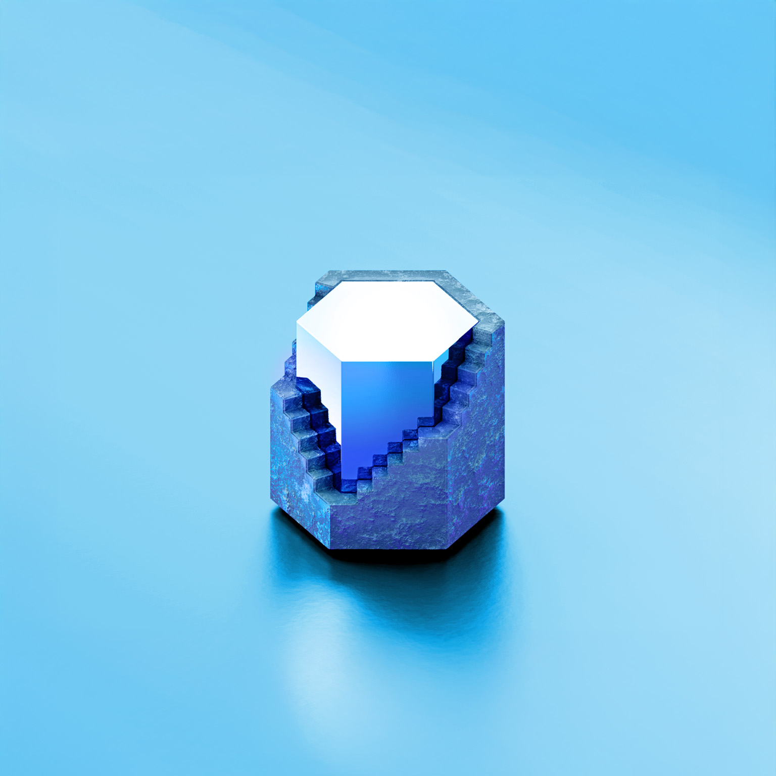 A geometric blue hexagon featuring a rocky outer surface, with a section removed to expose a polished, luminous gemstone at its center. The structure sits on a glossy blue surface against a soft blue background, giving it a clean, modern, and abstract feel.