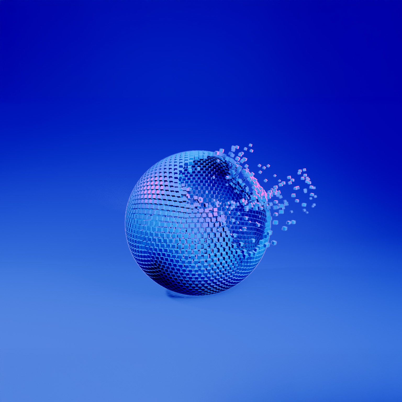 A glossy blue sphere with magenta highlights made of small cube-like particles gradually forms against a smooth blue gradient background.