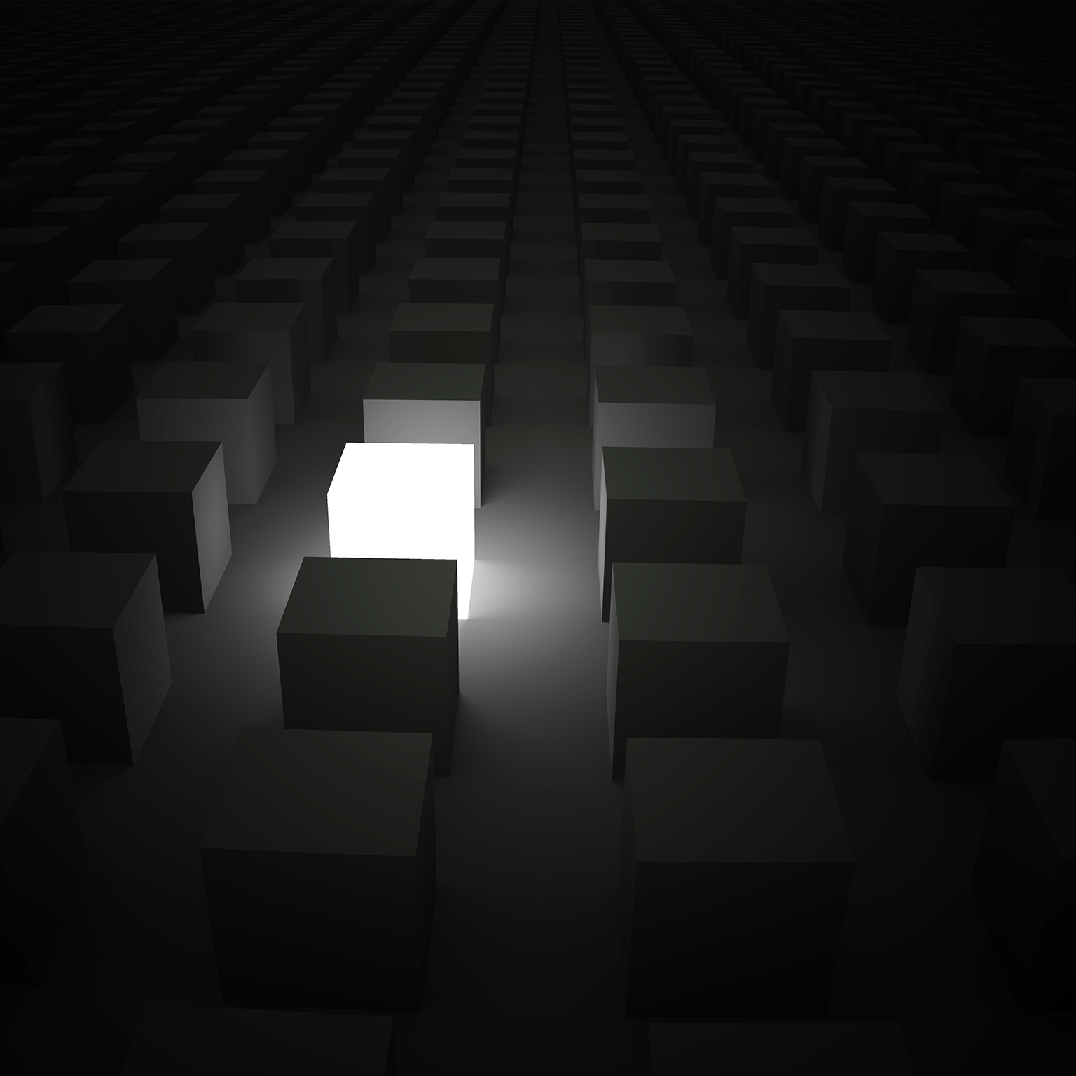 Rows of cubes in the darkness with a single cube lit up, shining while standing out of the crowd. - stock photo