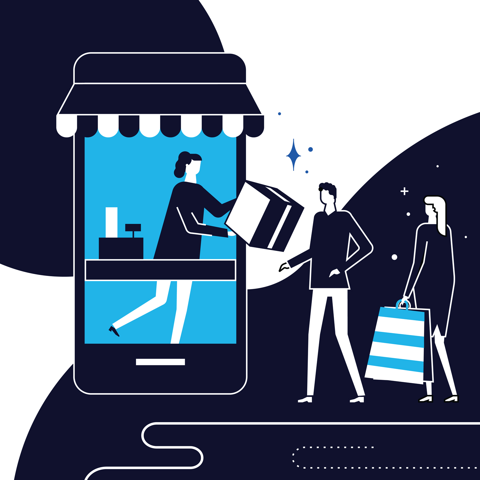 Illustration of people standing in a line and a shop assistant distributing order