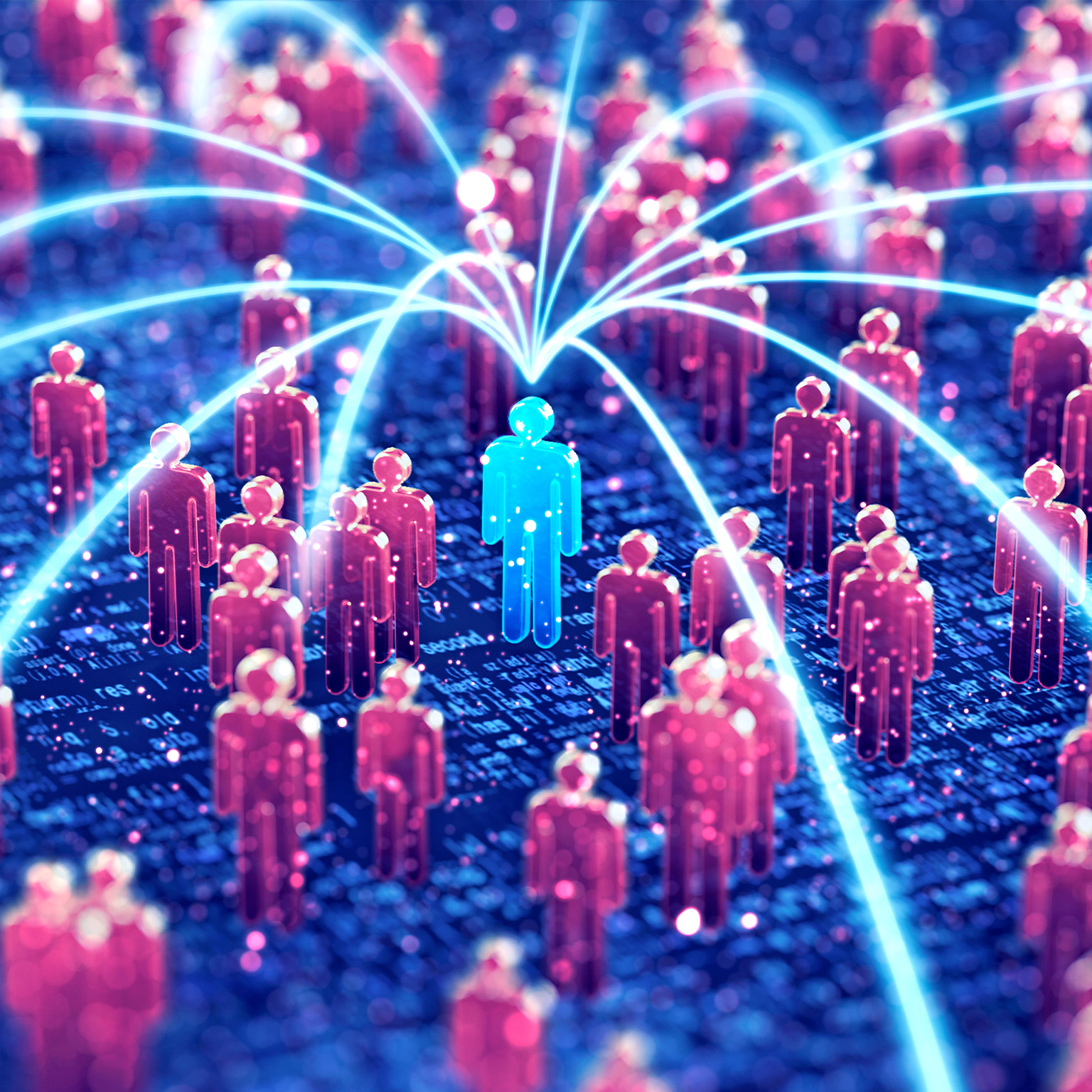 A 3D illustration focused on a central blue figure in the midst of many red figures with glowing lines connecting to the blue figure.