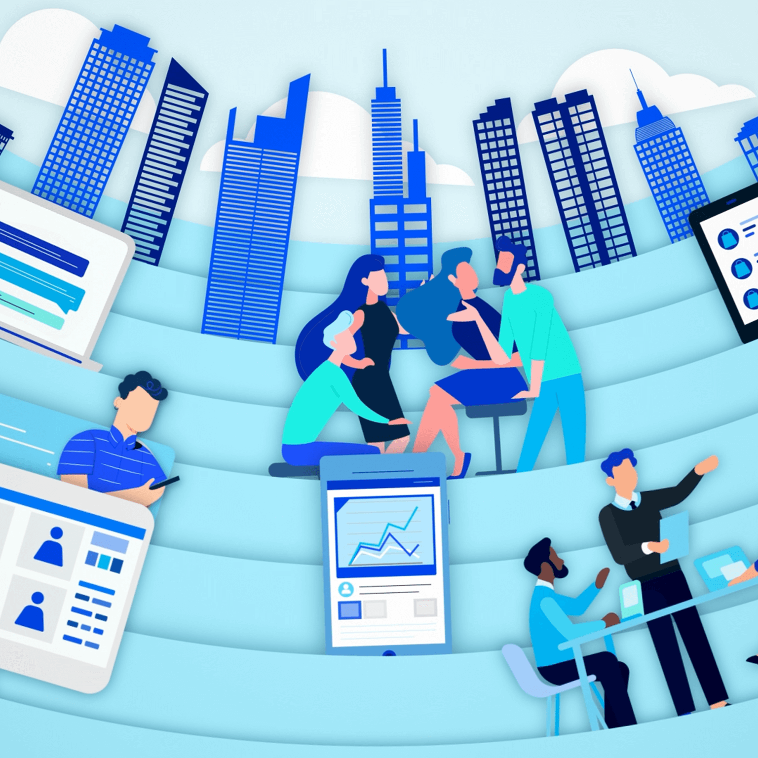 cityscape, person on tablet, people talking, work presentation - illustration