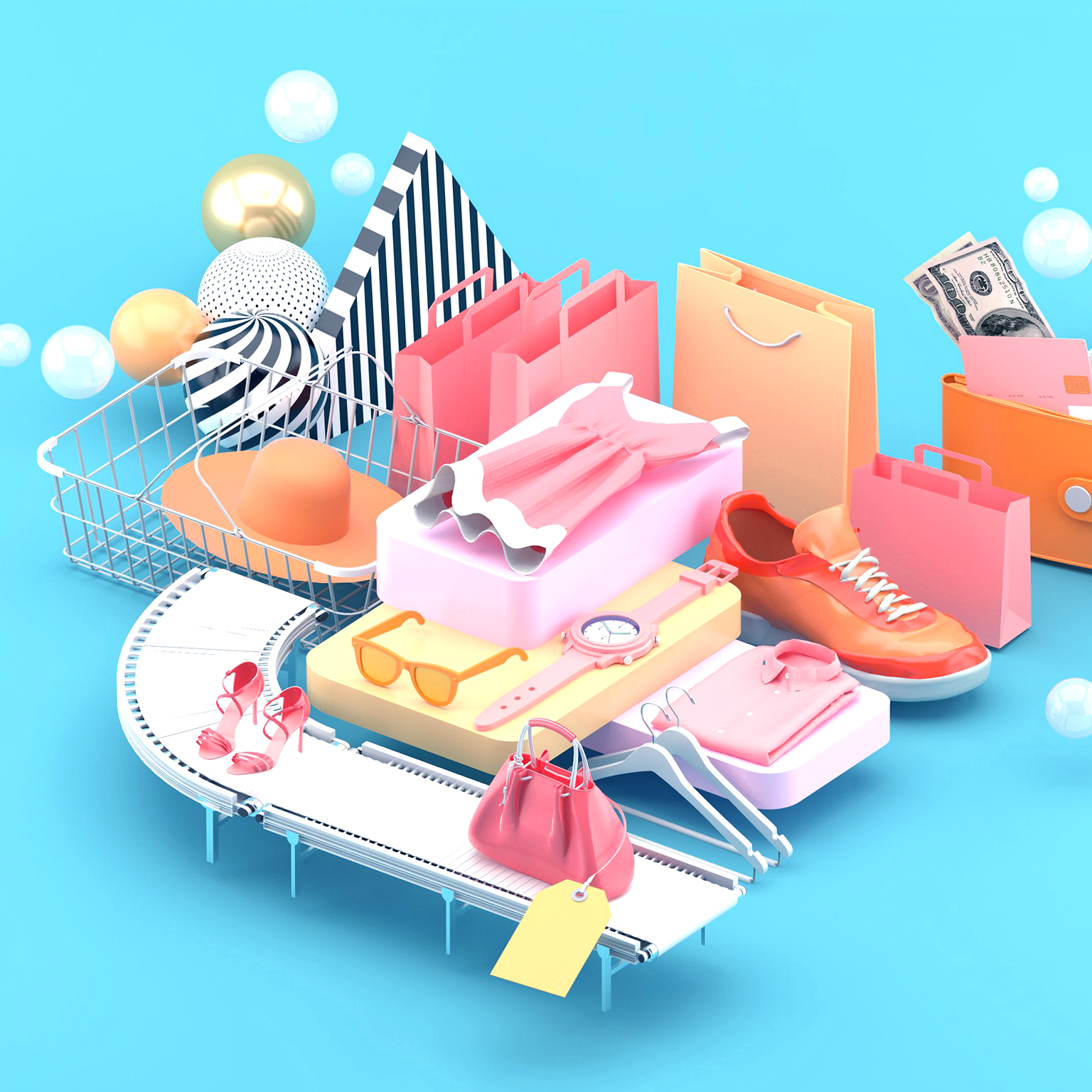 Consumer items such as shore, clothes, bags, items on conveyor belt, ready for e-commerce.
