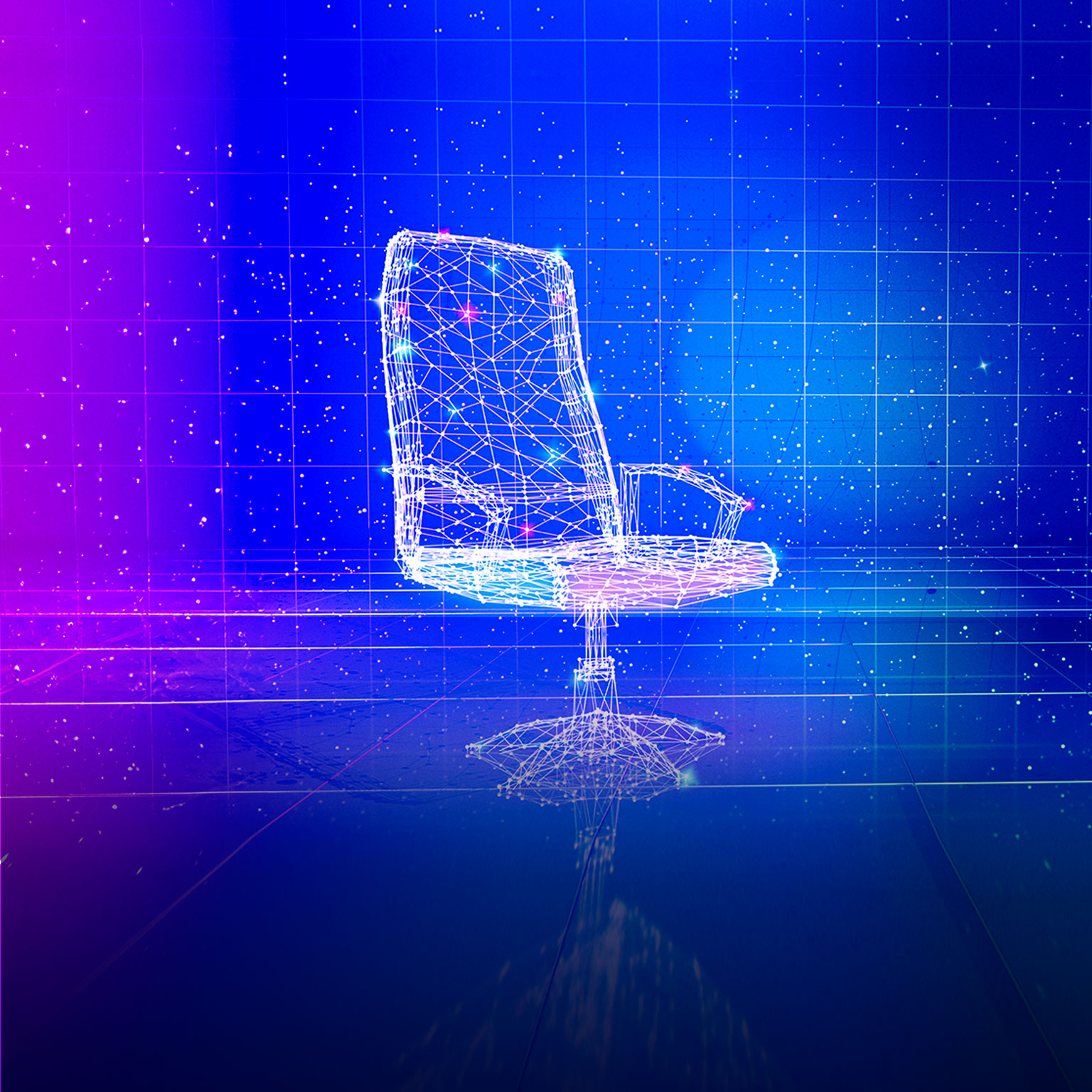 A digitized executive chair exists in a futuristic digital space, where everything is interconnected and illuminated by tiny specks of light.