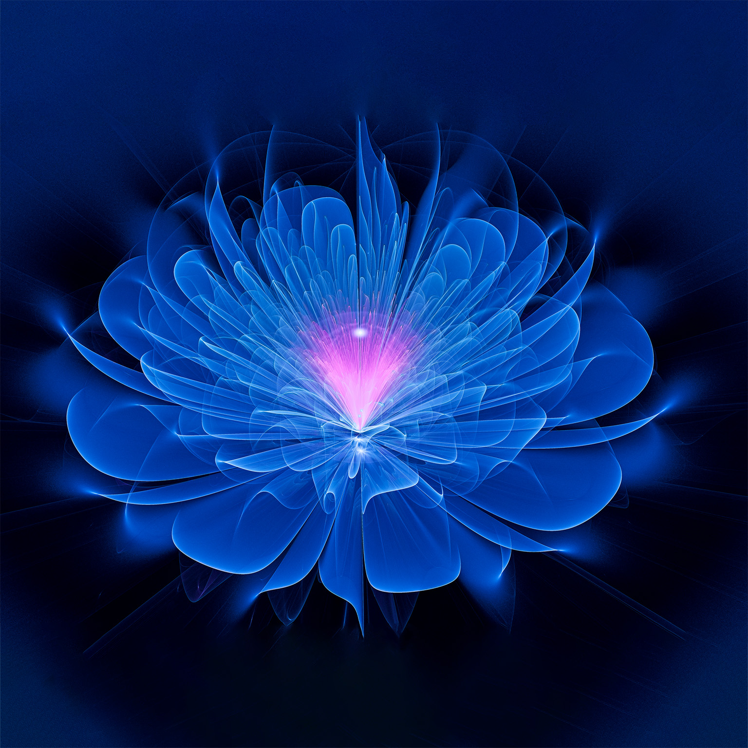 A digital image of a radiant blue fractal flower with a glowing pink center.