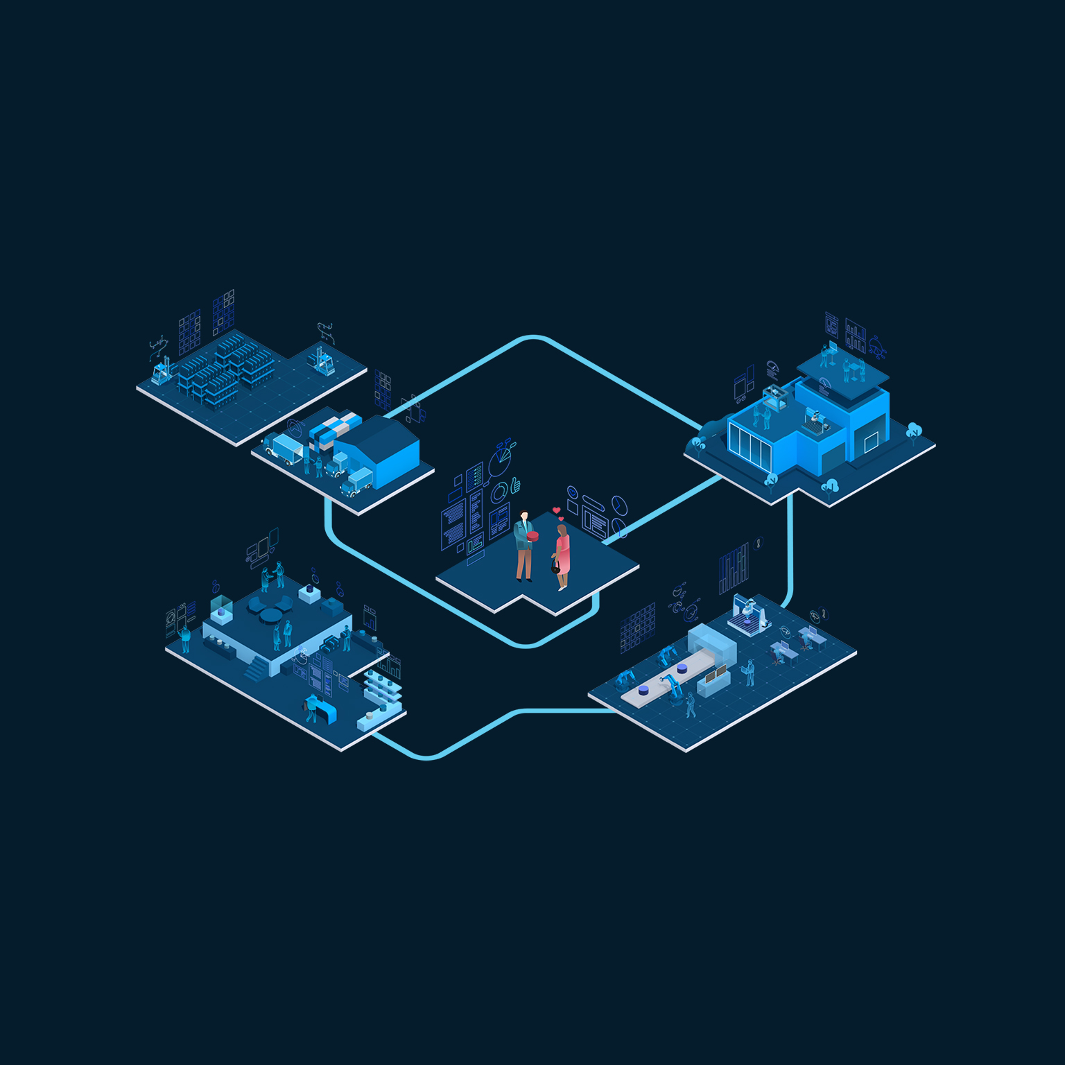 Five interconnected scenes of the enterprise metaverse, each showing people in different work environments.