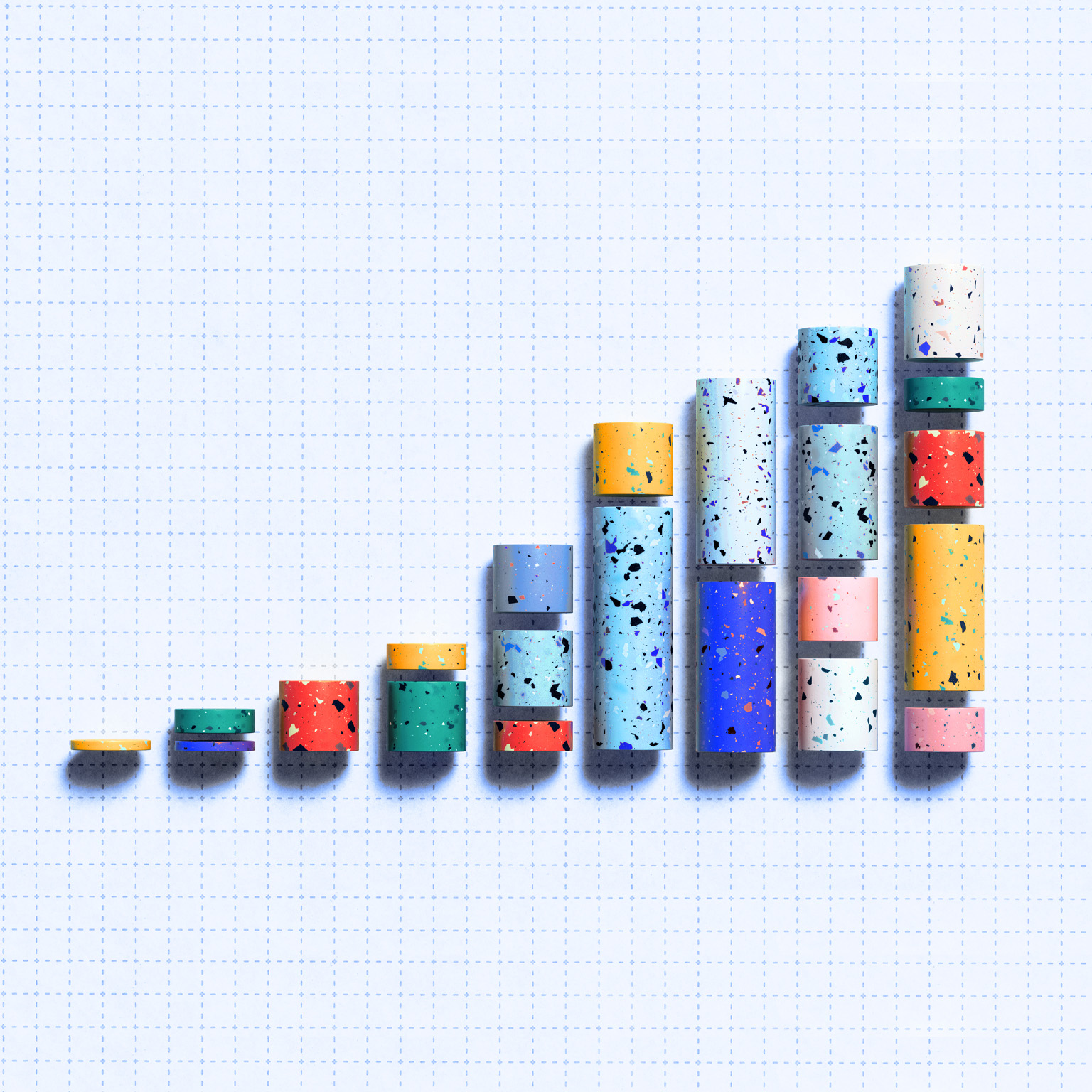 A colorful bar graph composed of short, speckled cylinders of varying heights and colors, arranged on a gridded background.