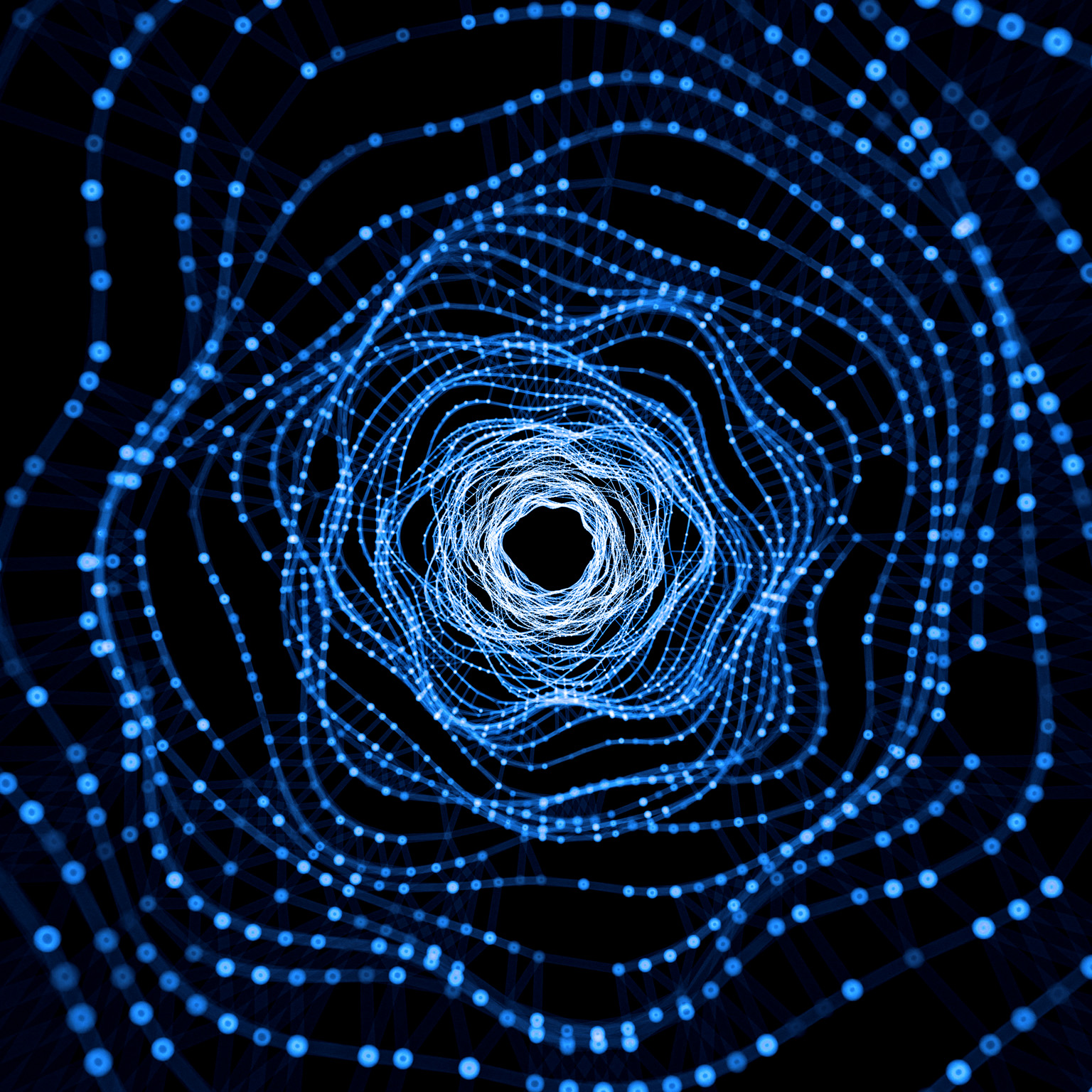 A mesmerizing abstract tunnel created made of interconnected glowing blue nodes. These nodes form concentric circles that recede into a dark center, creating a sense of depth and movement.