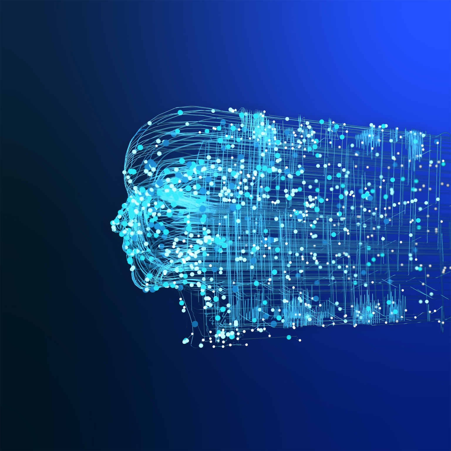 Light dots and lines evolve into a pattern of a human face and continue to stream off the the side in a moving grid pattern.