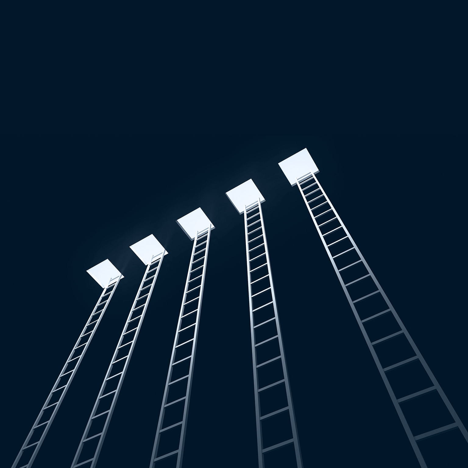 Five ladders leading to the exit, black background - stock photo