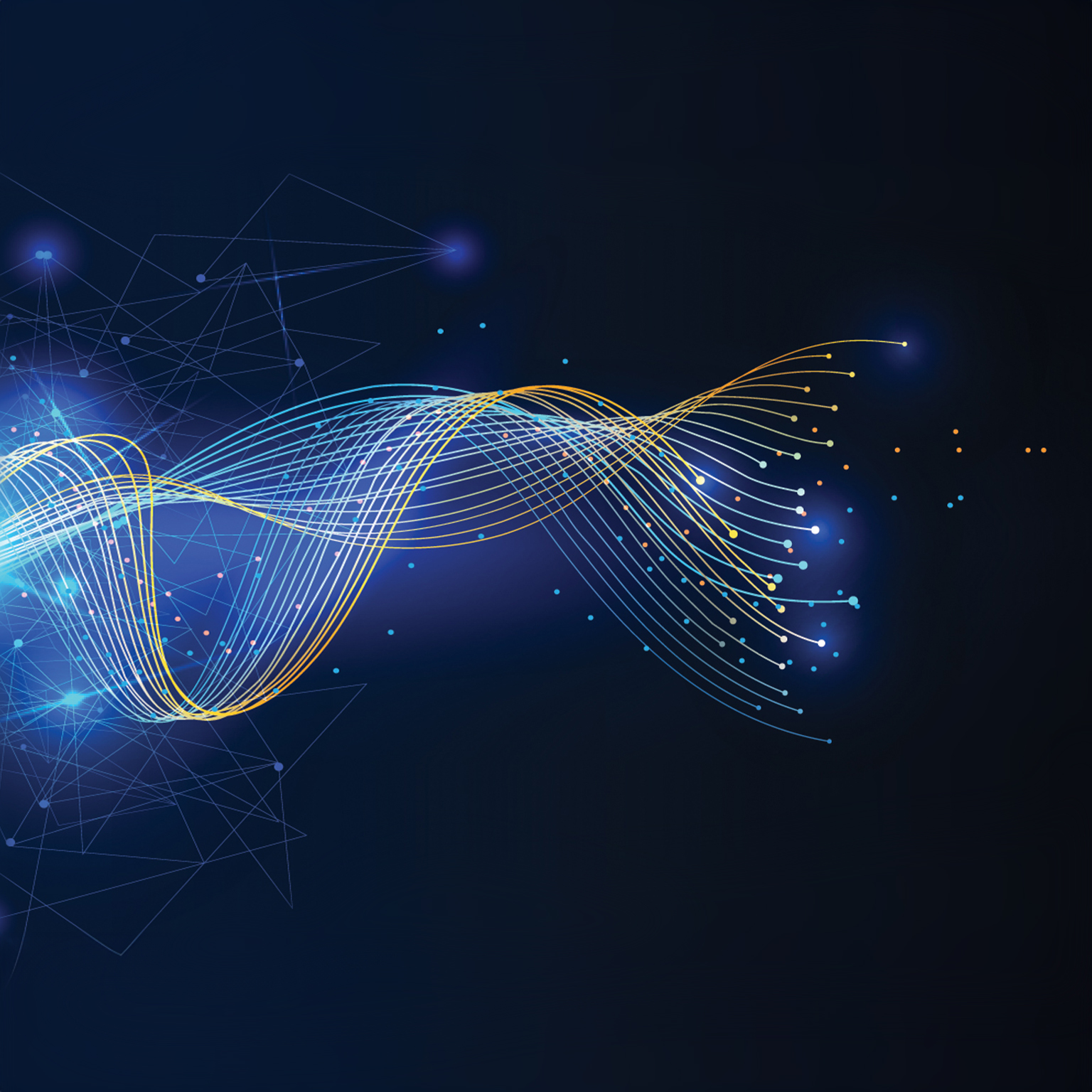 Multicolored lines coming together in a single line against a dark blue background