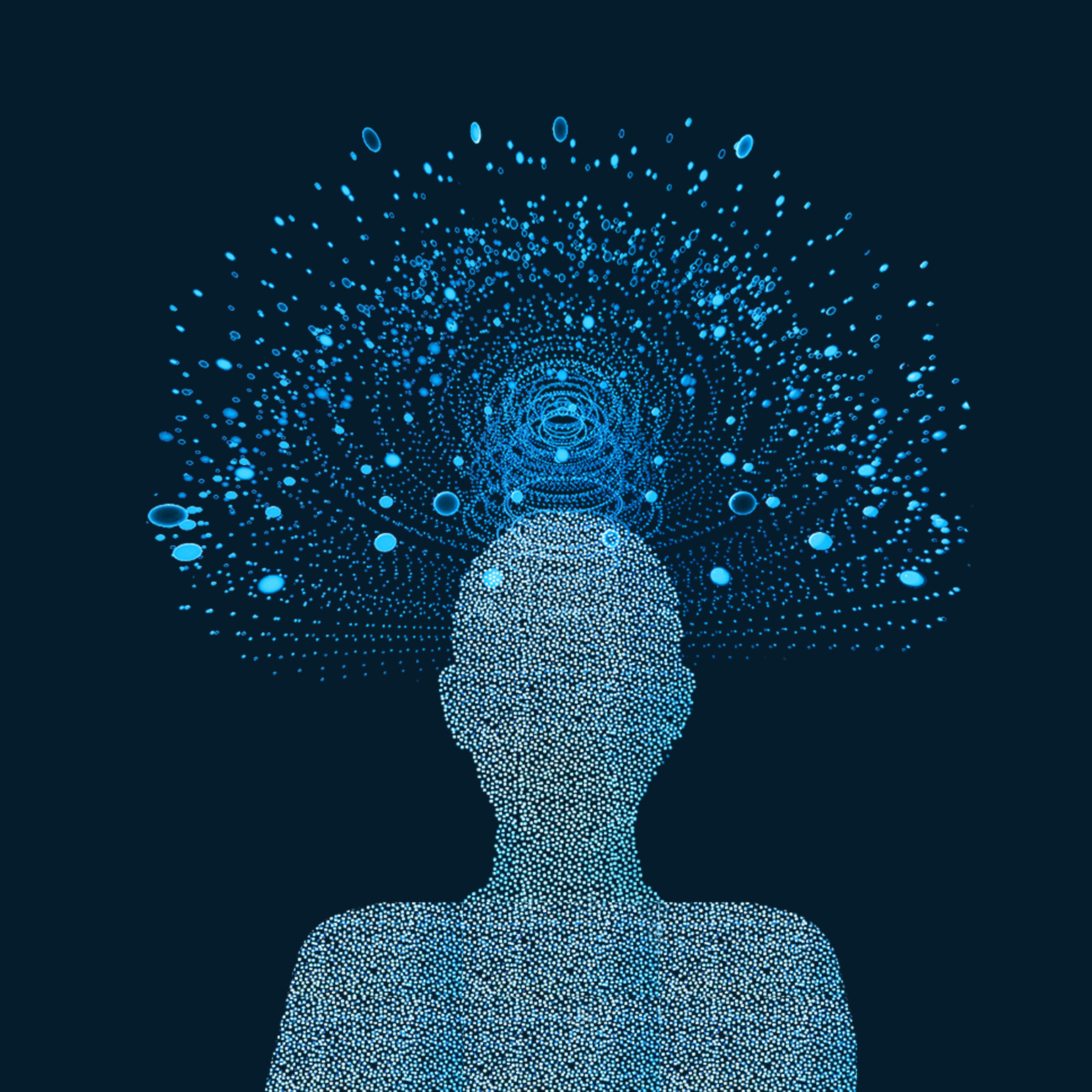 Abstract silhouette of human surrounded by artificial intelligence in network space made up of dots on blue background