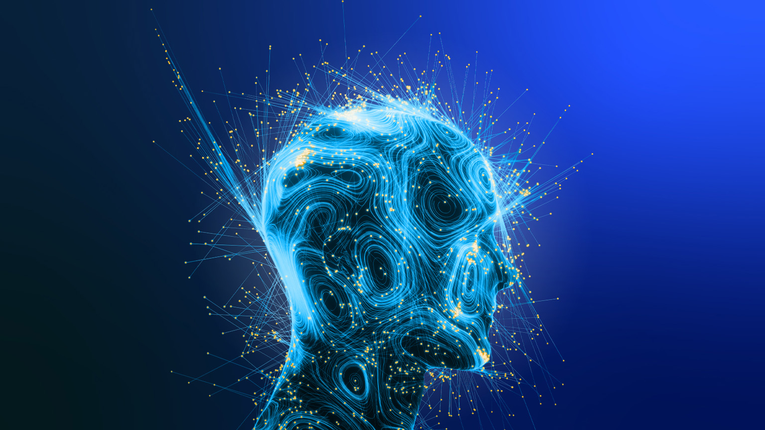 An abstract depiction of a human head constructed from slender strands of cyan light. Filigree-like light tendrils emanate from the head, culminating in radiant orange points of light.