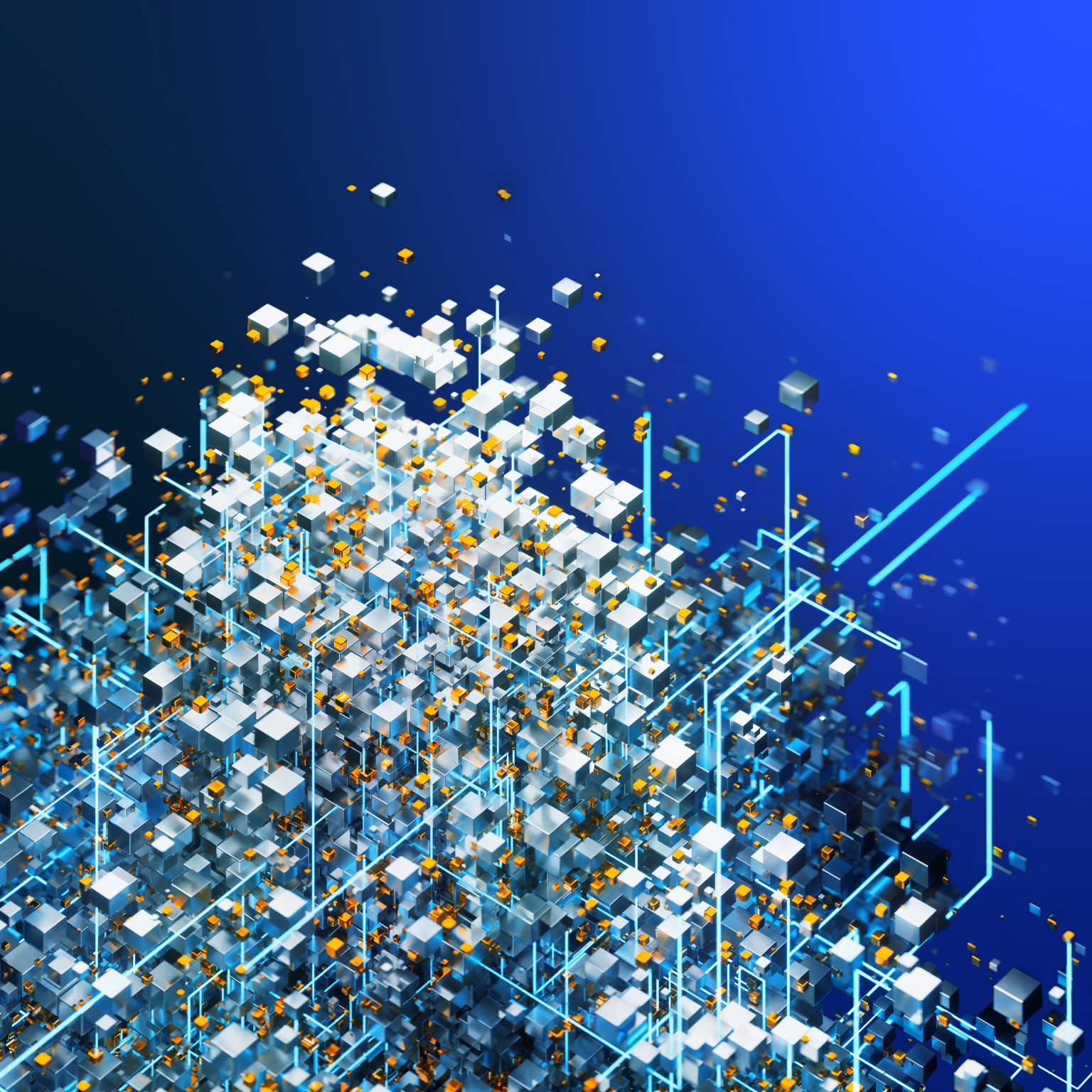 A cluster of silver and white cubes with scattered orange accents, resembling a complex network or data structure. Connecting the cubes are bright blue lines, against a blue gradient background.