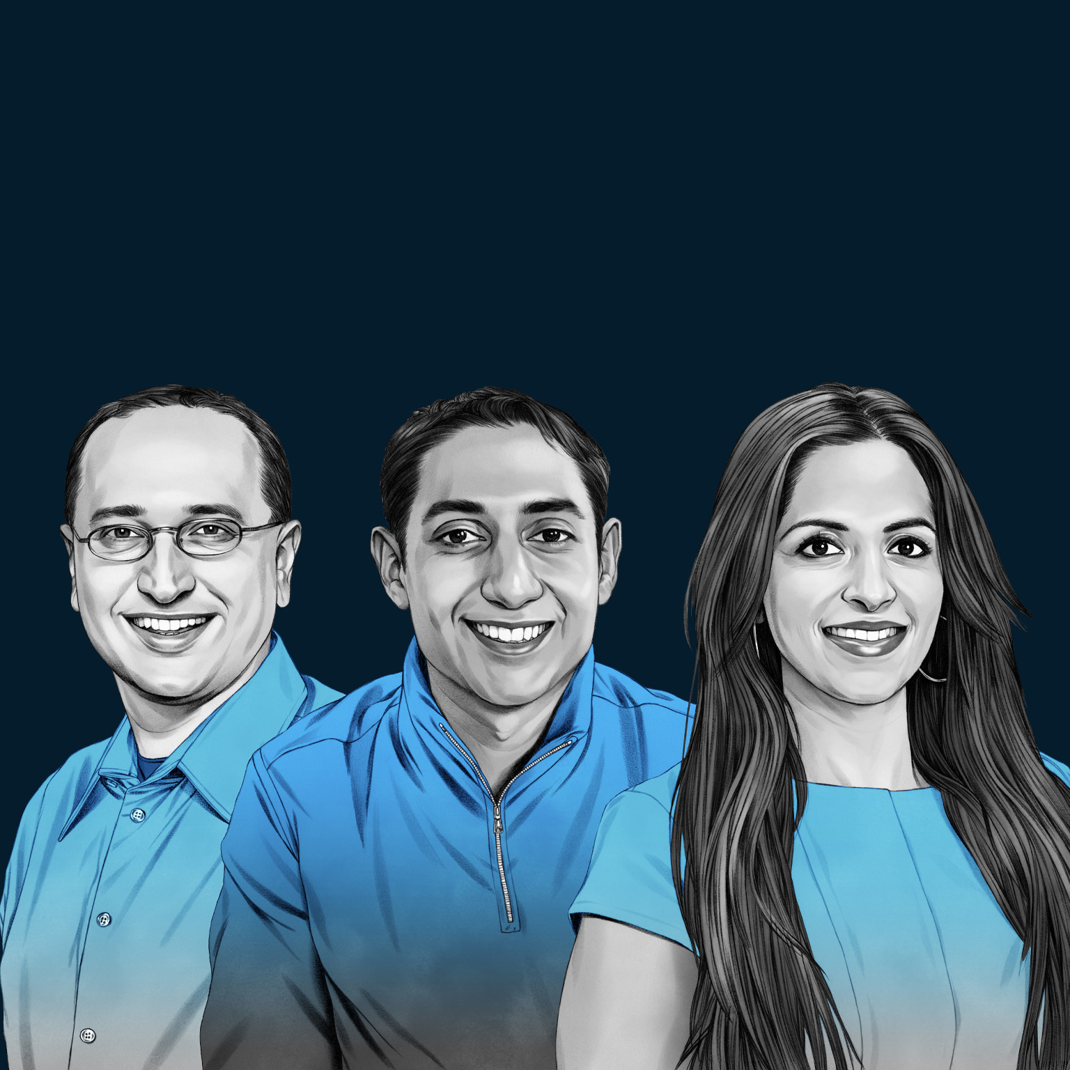 A hand-drawn illustration of Naveen Chadha, Kiran Prasad and Naba Banerjee. The drawing features precise lines and subtle shading, using black and white tones for face and blues for attire.