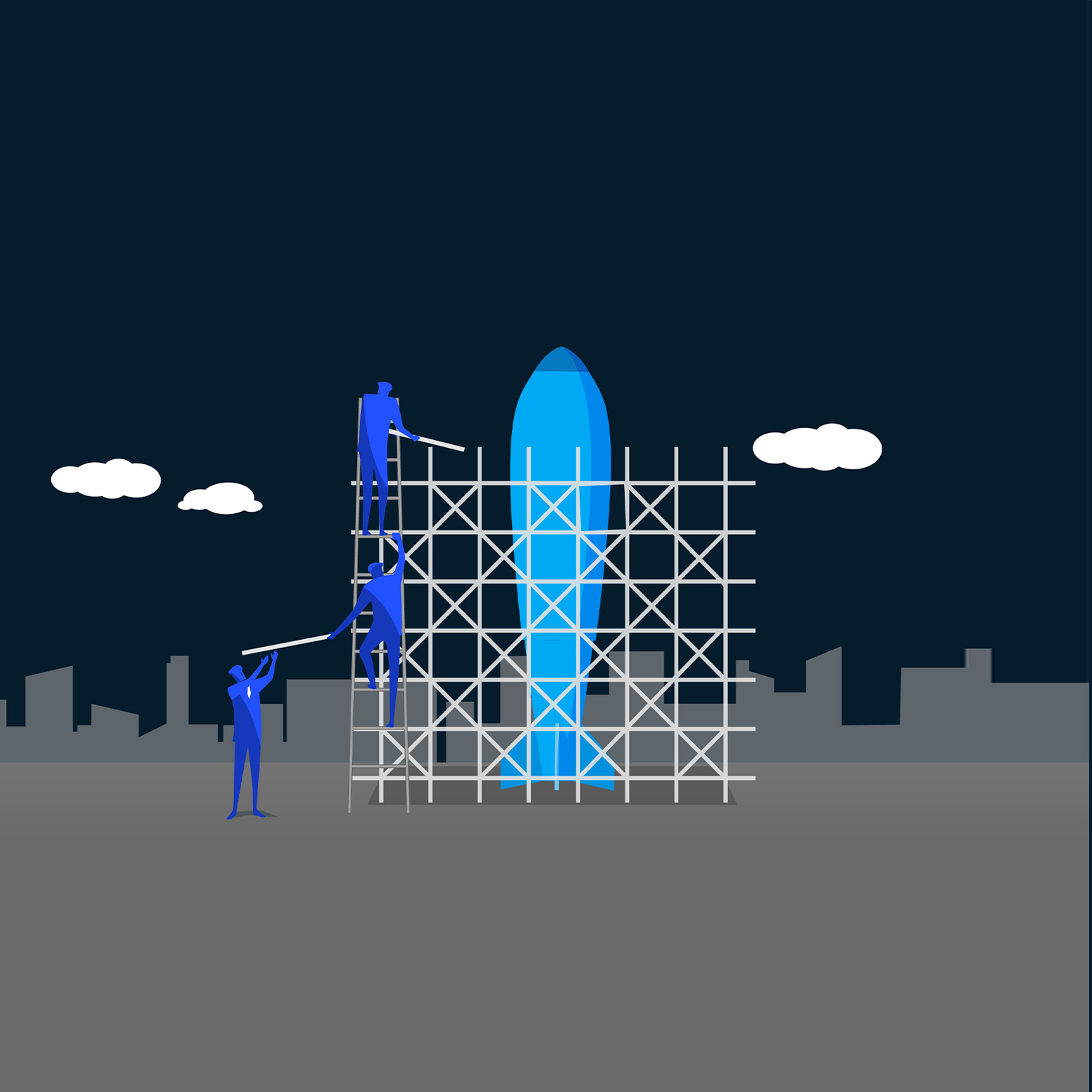 The image appears to be an illustration representing a team constructing or working on a rocket ship or similar structure.