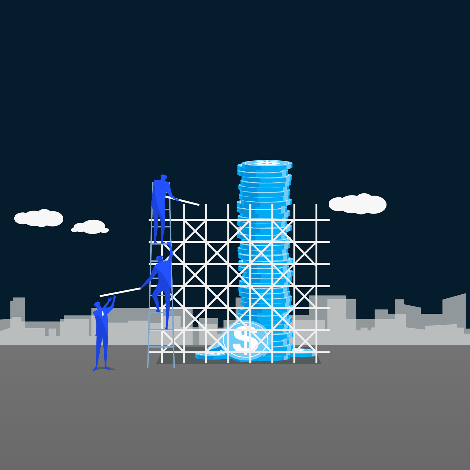 People on scaffolding, building stack of coins.