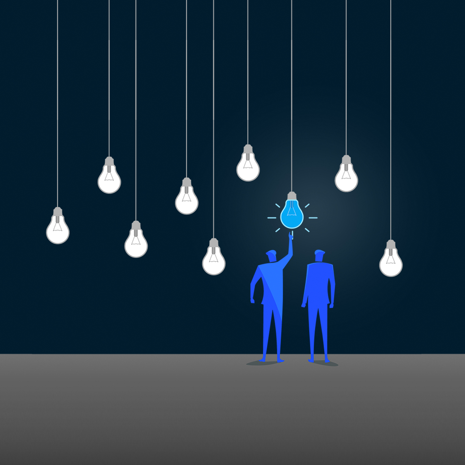 Standing out from the crowd. Two figures point to one red lightbulb in a series of hanging white lightbulbs. - stock illustration