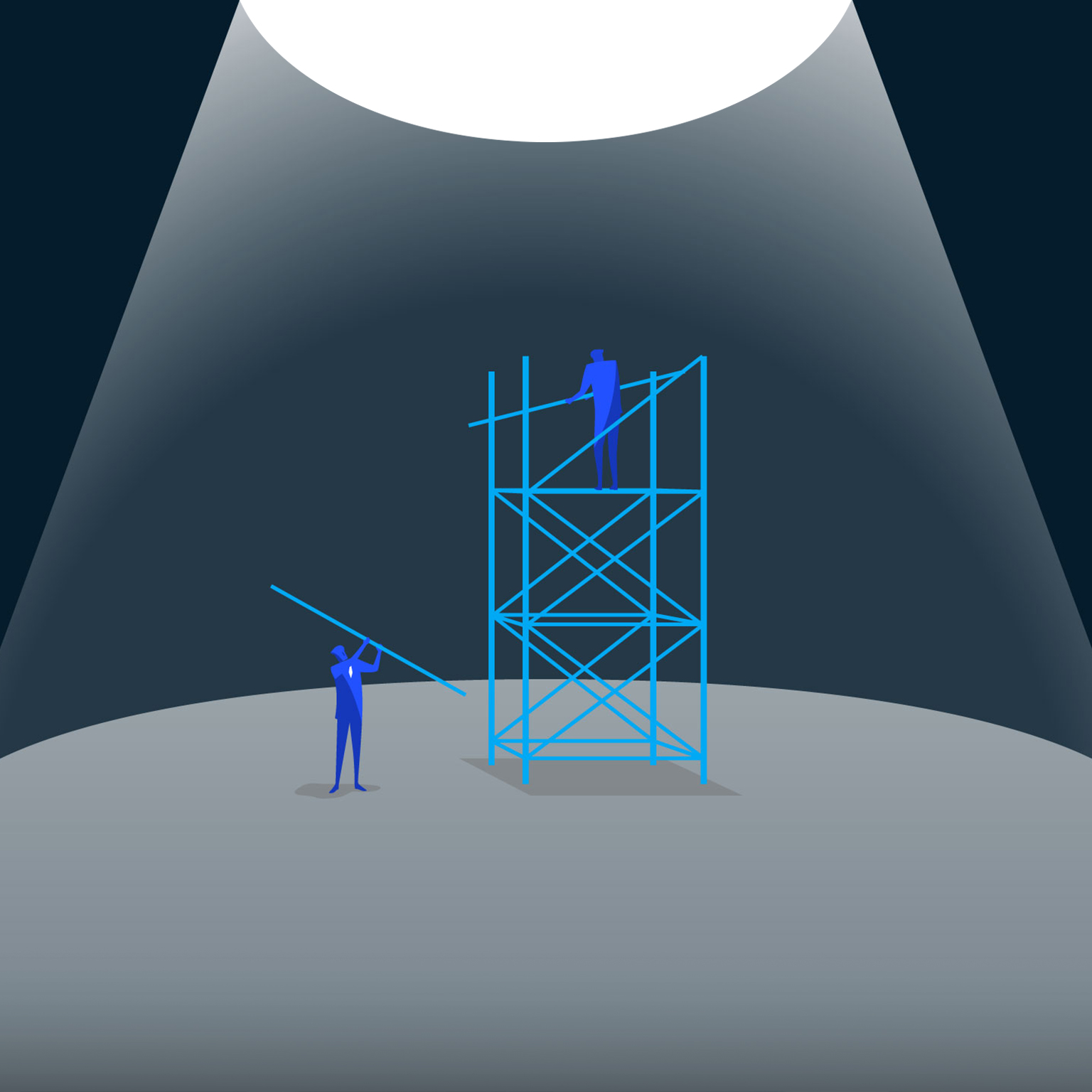 Illustration - two people building scaffolding underneath spotlight