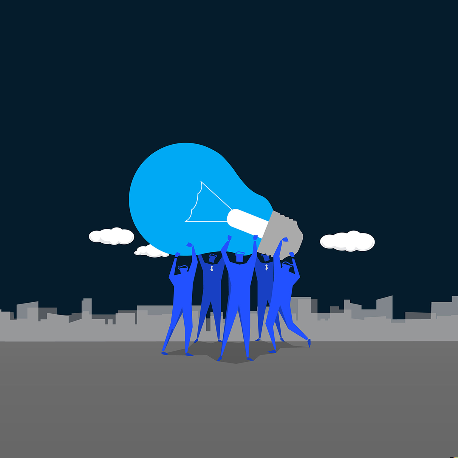 Illustration of several co-workers holding up and carrying lightbulb together.