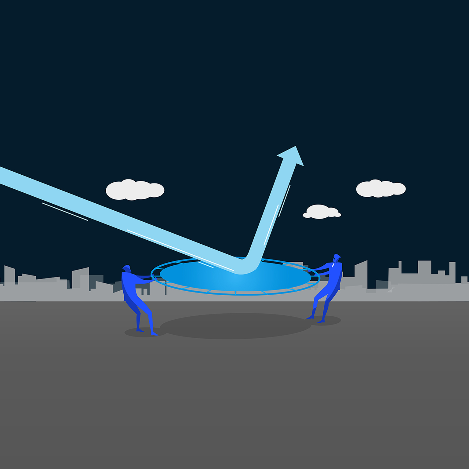 Reverse motion. Two people holding a trampoline, arrow hitting it and reversing in opposite direction.