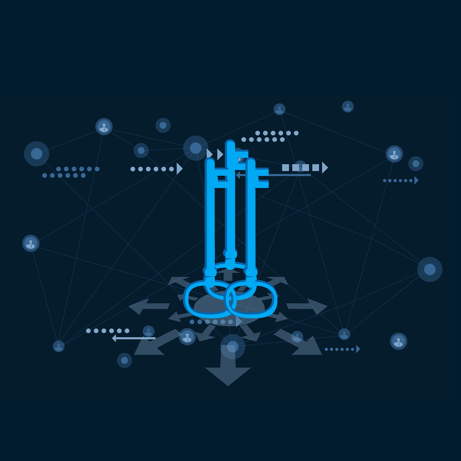 This image is a digital illustration representing cybersecurity and digital access. It features stylized blue keys, which symbolize security, data protection, and authentication.