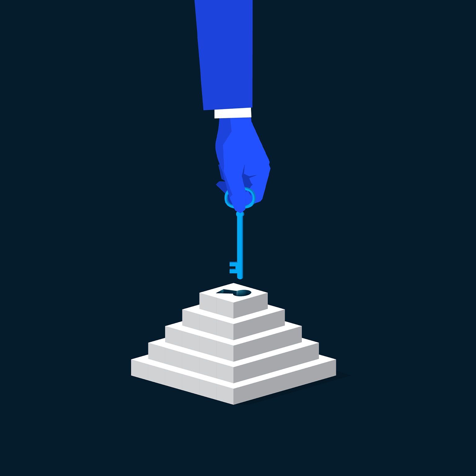 This illustration depicts a hand in a suit sleeve holding a key, positioning it above a staircase-like structure with a keyhole on top, symbolizing the key to success or a solution to a problem.