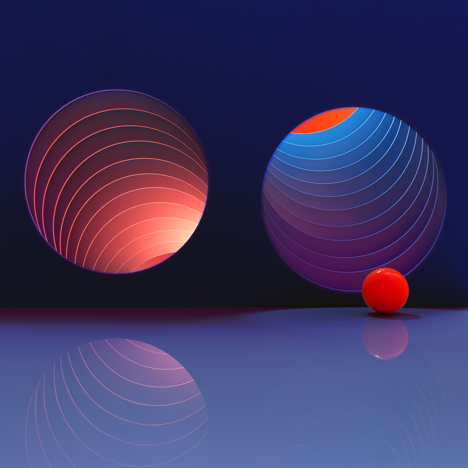 Two circular openings in a dark blue wall, one with warm-toned concentric circles leading downward and the other with cool-toned colors leading upward. A single, bright red sphere rests on a reflective surface in front of the openings, its reflection mirroring it below.