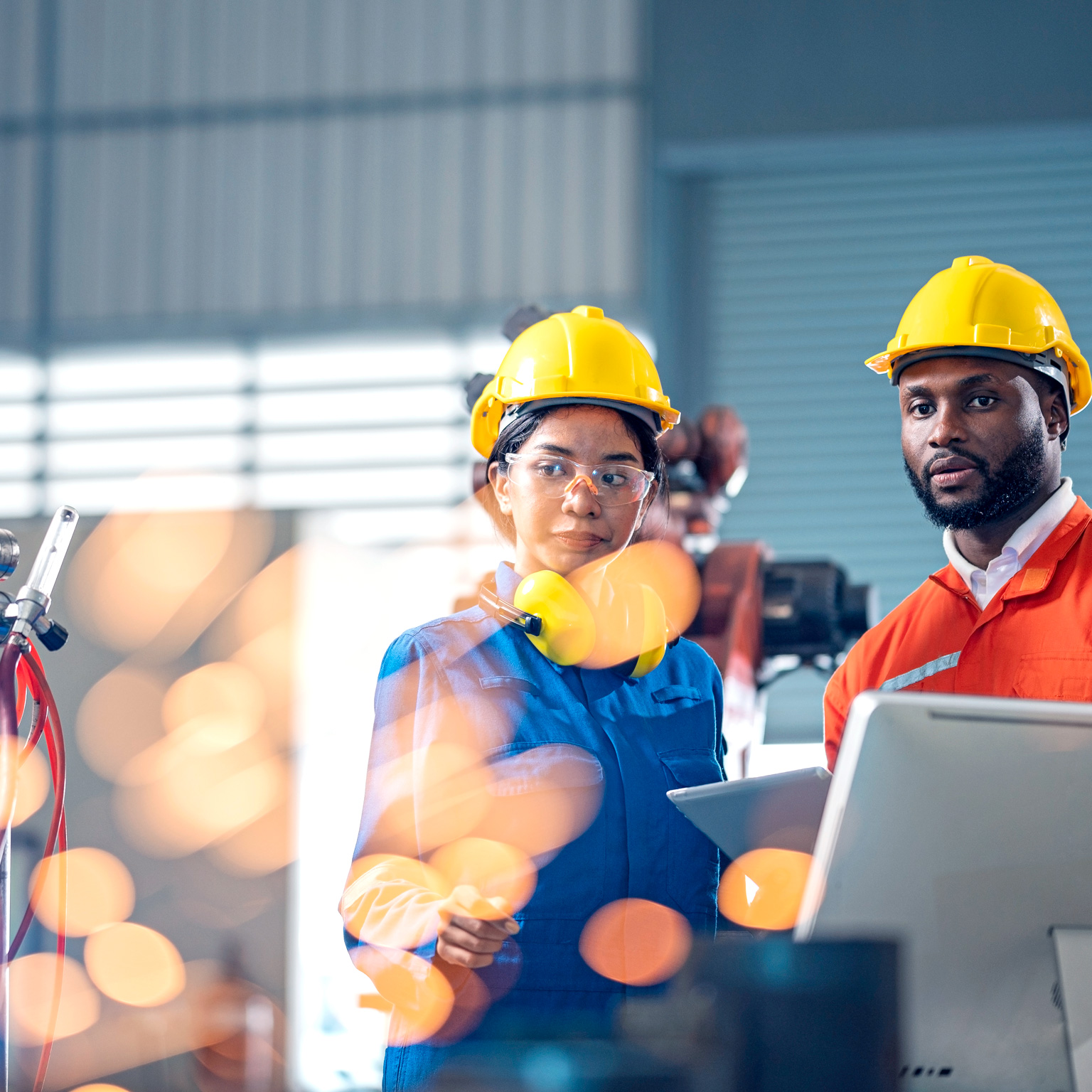 Two engineers having a meeting in front of industrial robots welder in production line.
