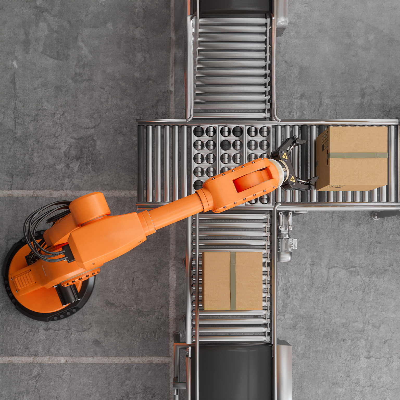 Top view of robotic arm working on conveyor belt In smart warehouse.