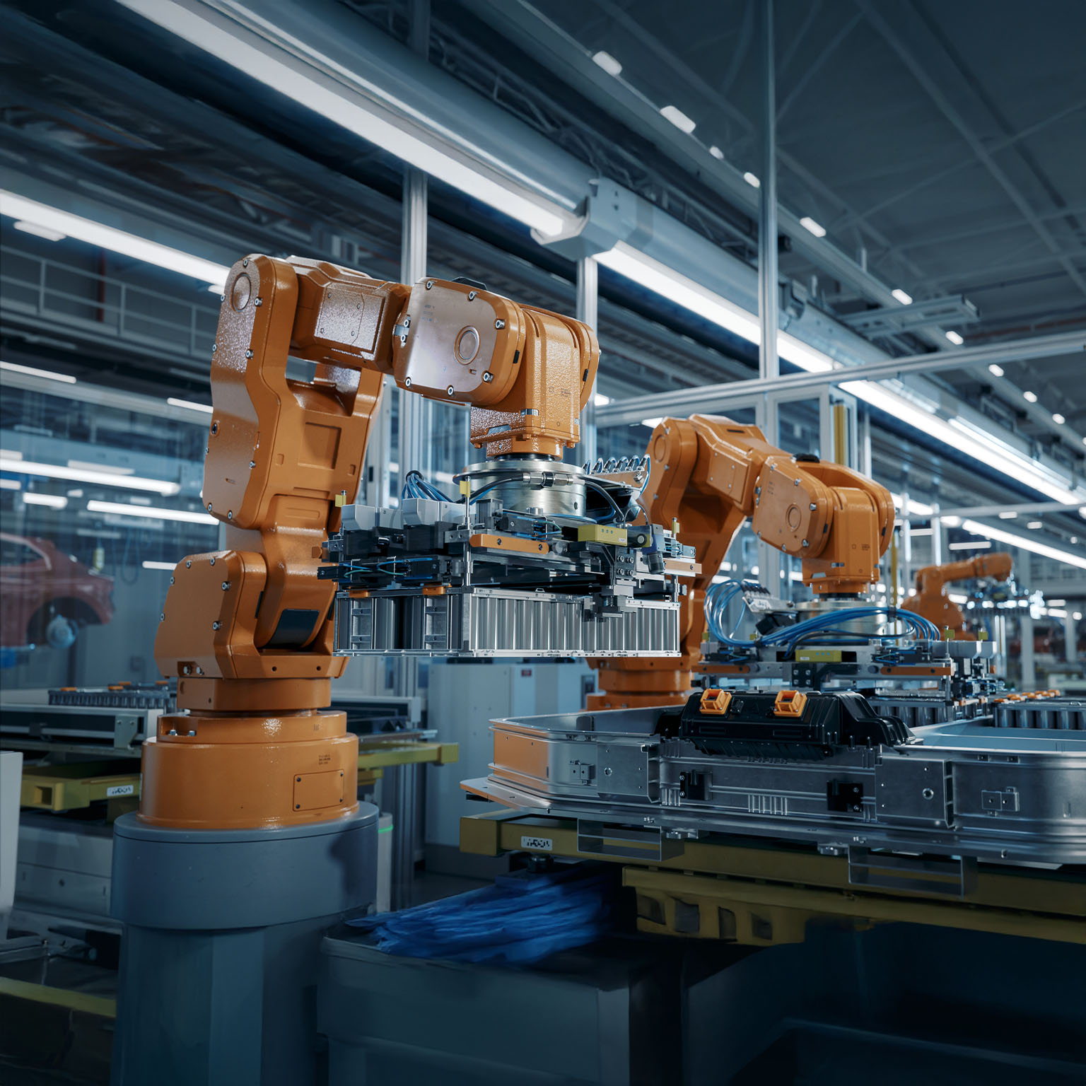  Advanced orange industrial robot arm assemble EV battery pack on automated production line.