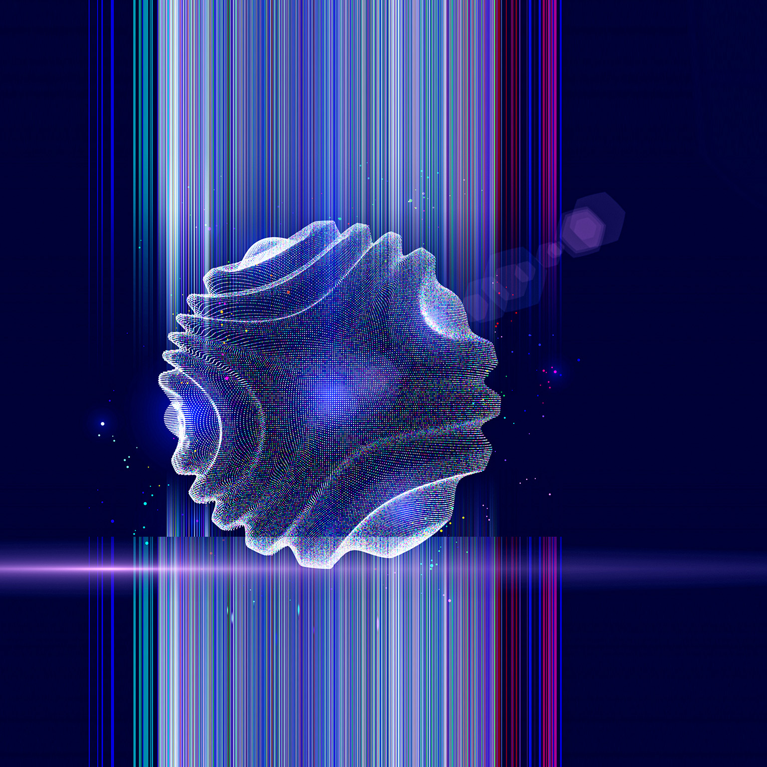 Abstract image of a digital sphere forming dots and color lines on dark blue.