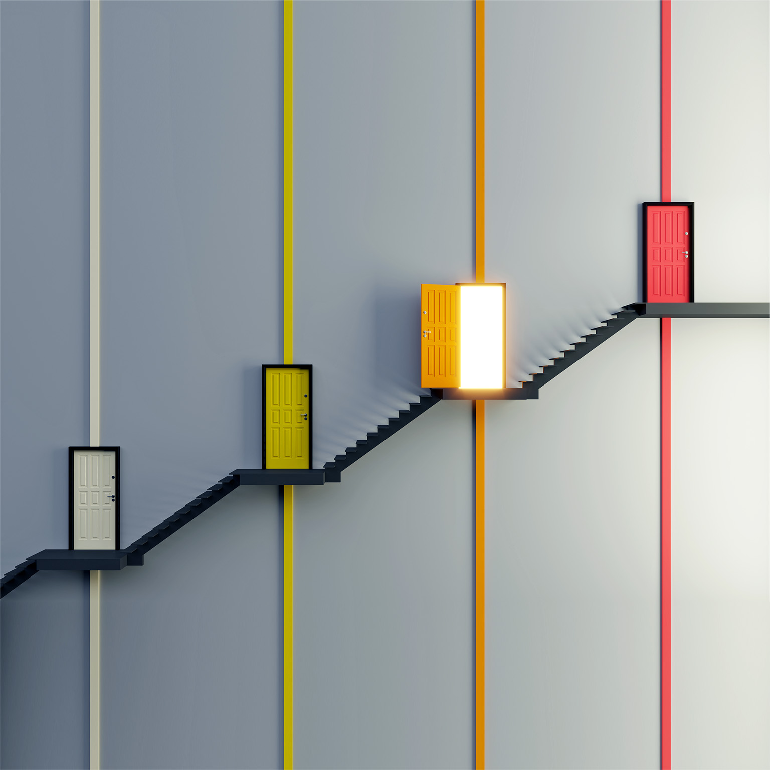  An abstract staircase with multi colored doors on different flights and one door is open with light coming out.