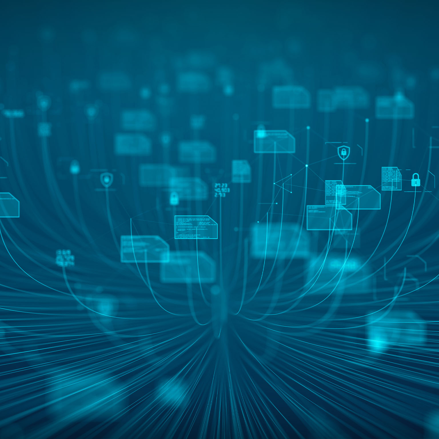 Cyber security technology illustration. Floating computers all linked by cords.