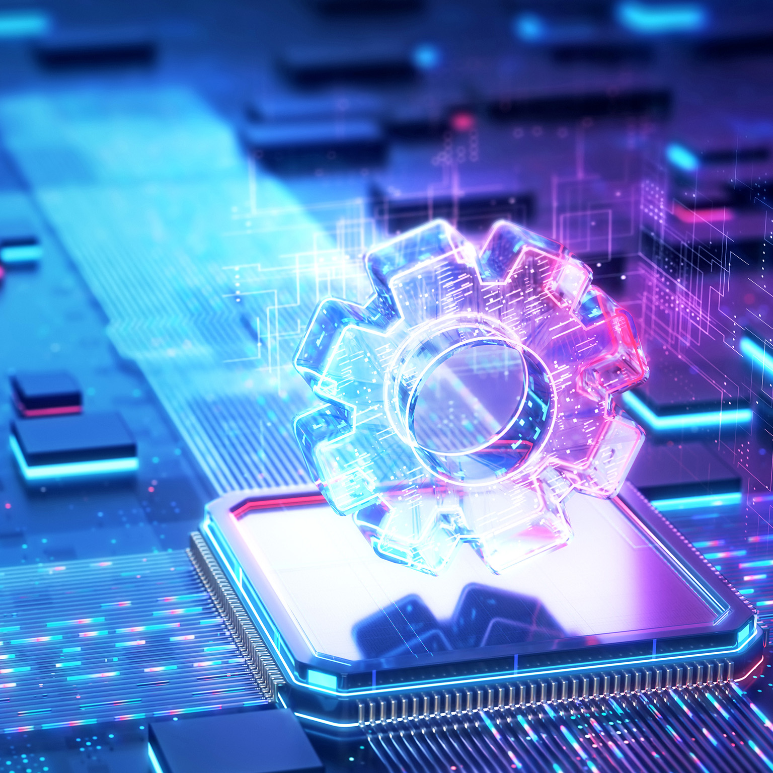 Glowing gear icon above a microchip on a circuit board with flowing data lines.