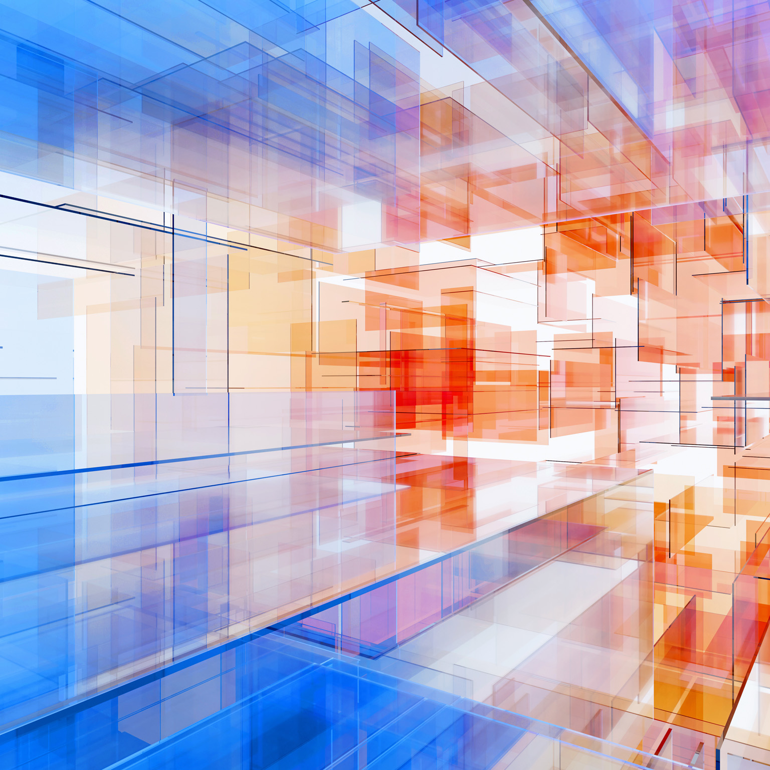 An abstract space made up of translucent rectangular panels in shades of blue and orange, with the orange hue concentrated at the furthest point and gradually shifting to blue.