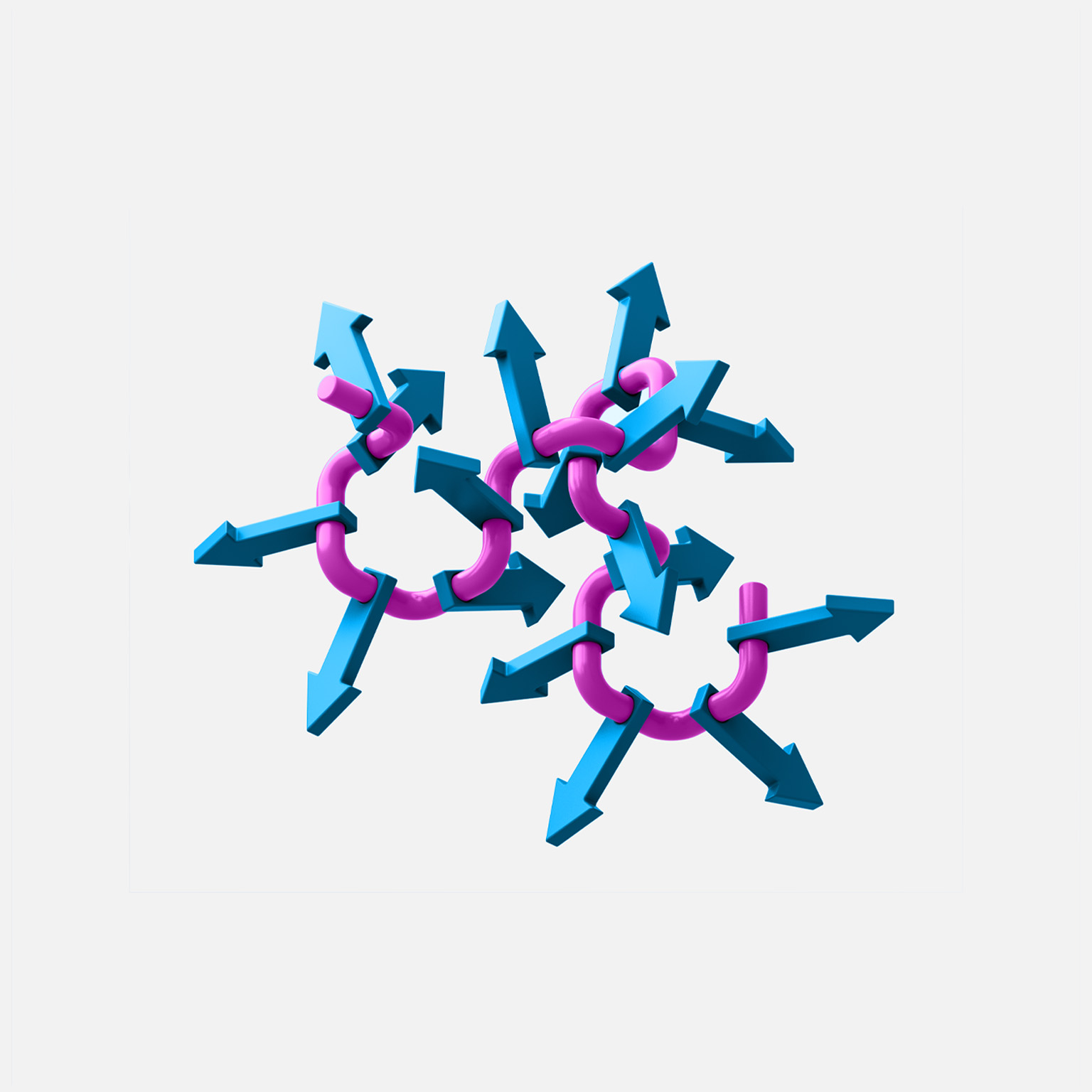 A cluster of blue arrows points in multiple directions, each connected by interlocking purple tubes.