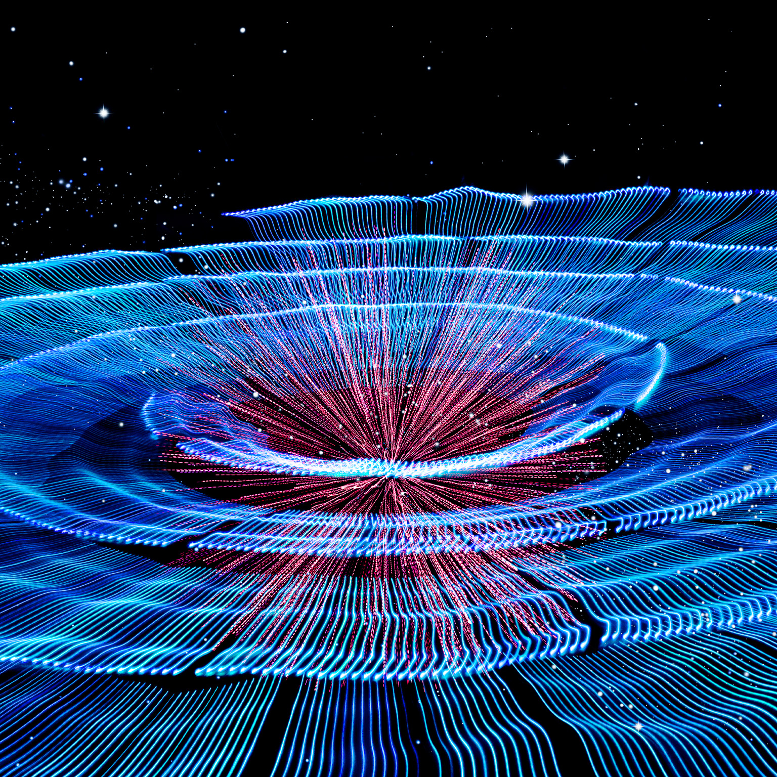 A spiral of light waves flows out from a zoom effect center in an image about future technology, expansion, and innovation